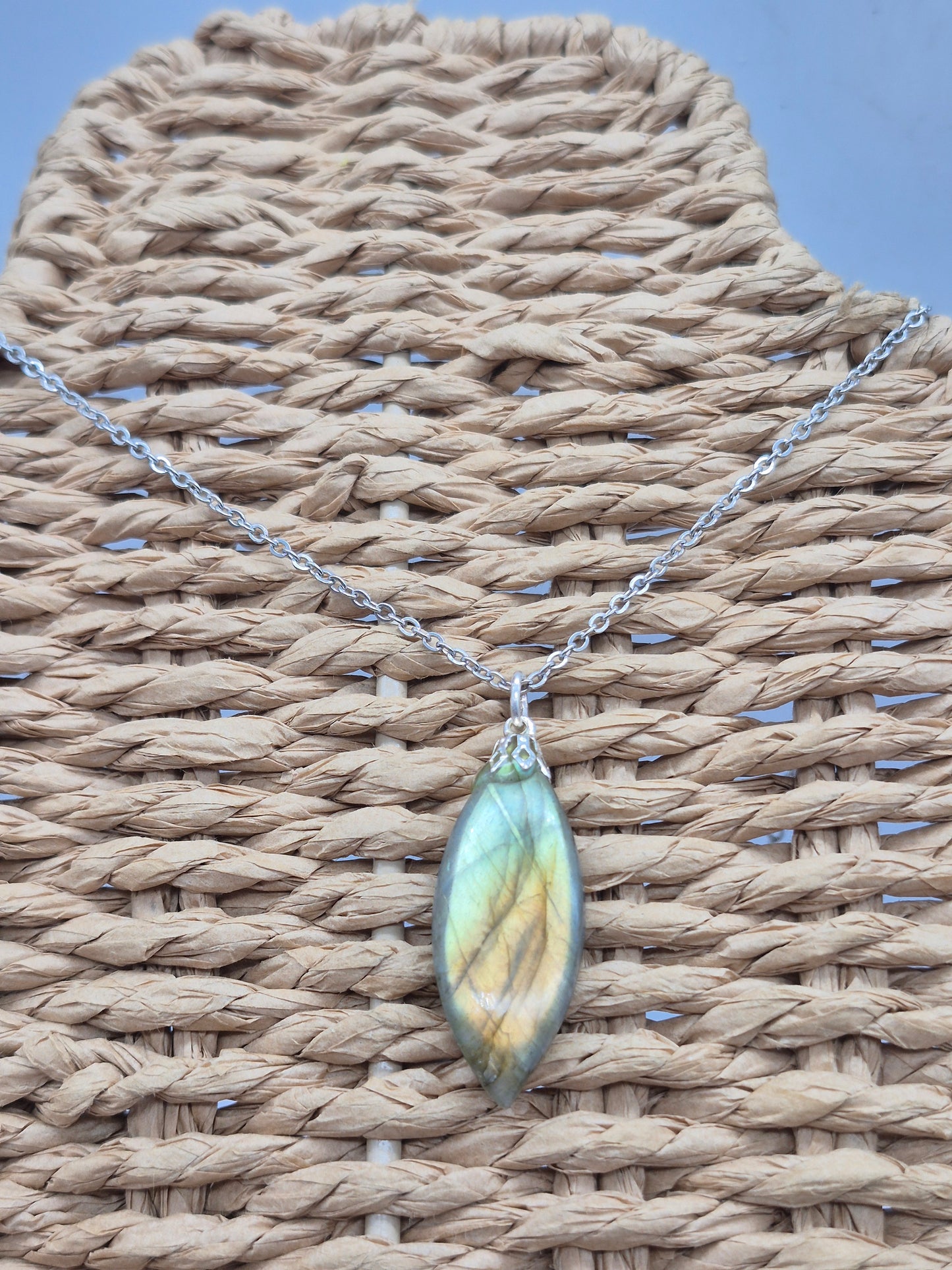 Labradorite Pendant Silver Hoop, Stailnless steel Chain, Healing Crystal