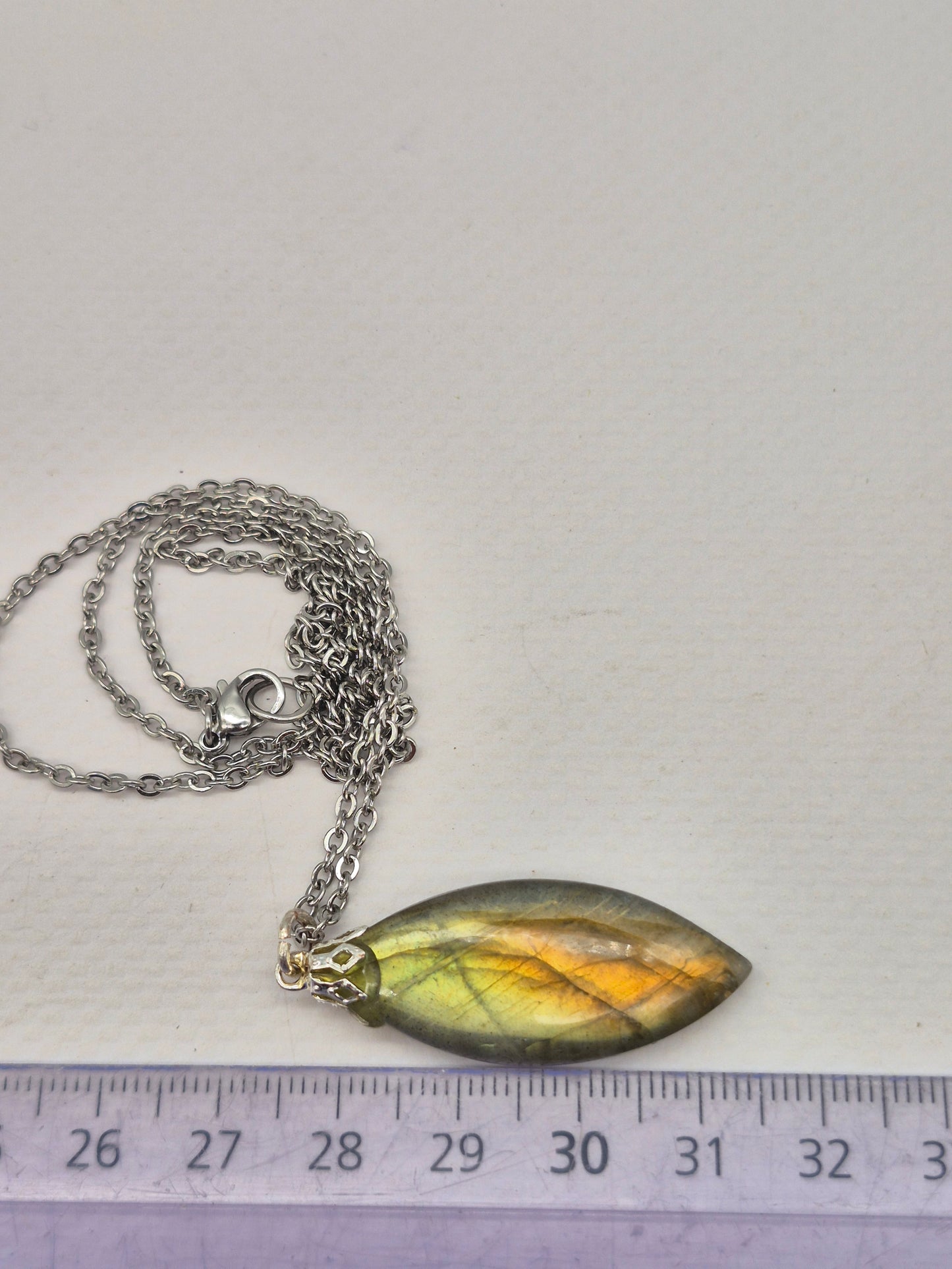 Labradorite Pendant Silver Hoop, Stailnless steel Chain, Healing Crystal