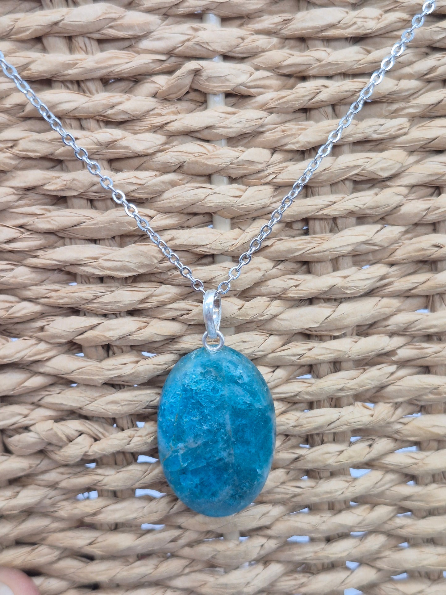 Blue Apatite Crystal Necklace Oval Shaped Silver Hoop, Stailnless steel Chain, Healing Crystal