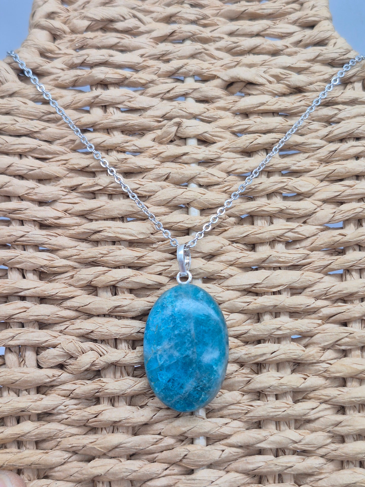 Blue Apatite Crystal Necklace Oval Shaped Silver Hoop, Stailnless steel Chain, Healing Crystal