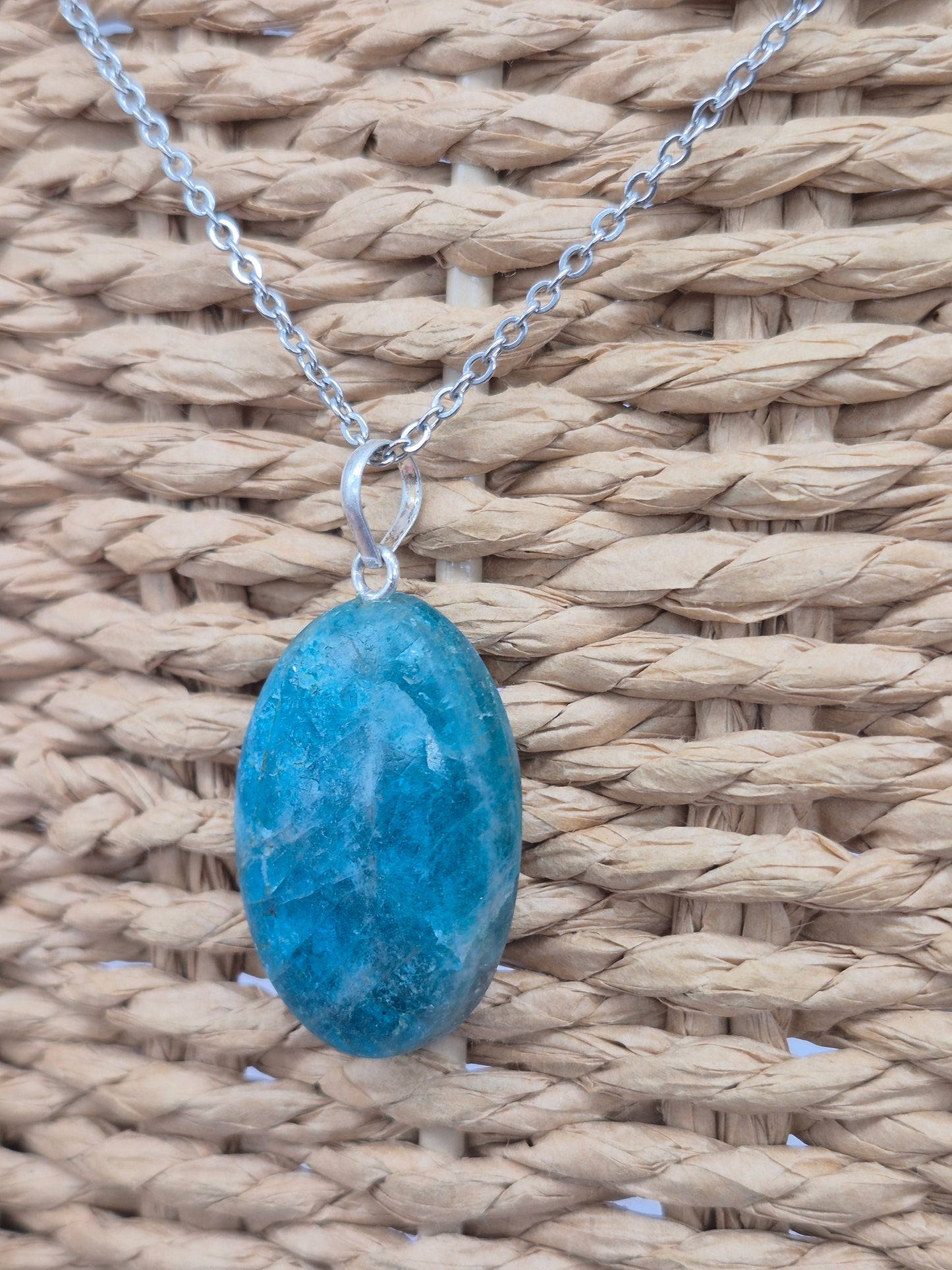 Blue Apatite Crystal Necklace Oval Shaped Silver Hoop, Stailnless steel Chain, Healing Crystal