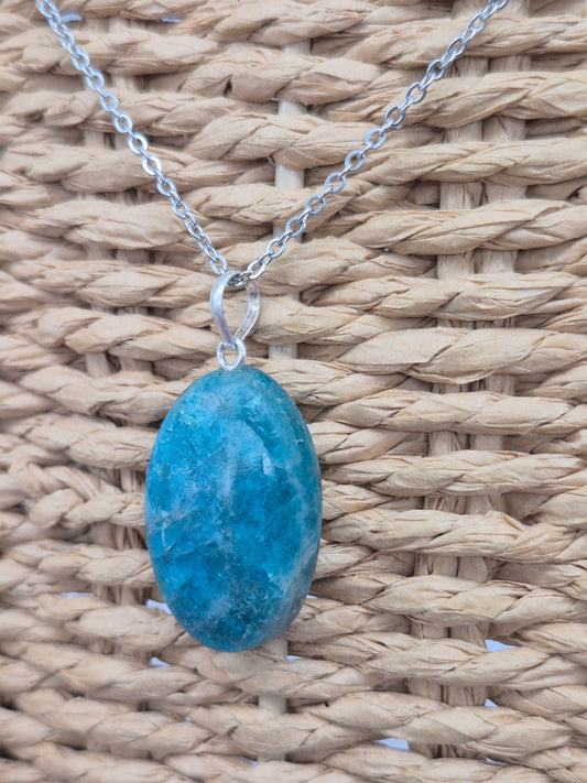 Blue Apatite Crystal Necklace Oval Shaped Silver Hoop, Stailnless steel Chain, Healing Crystal