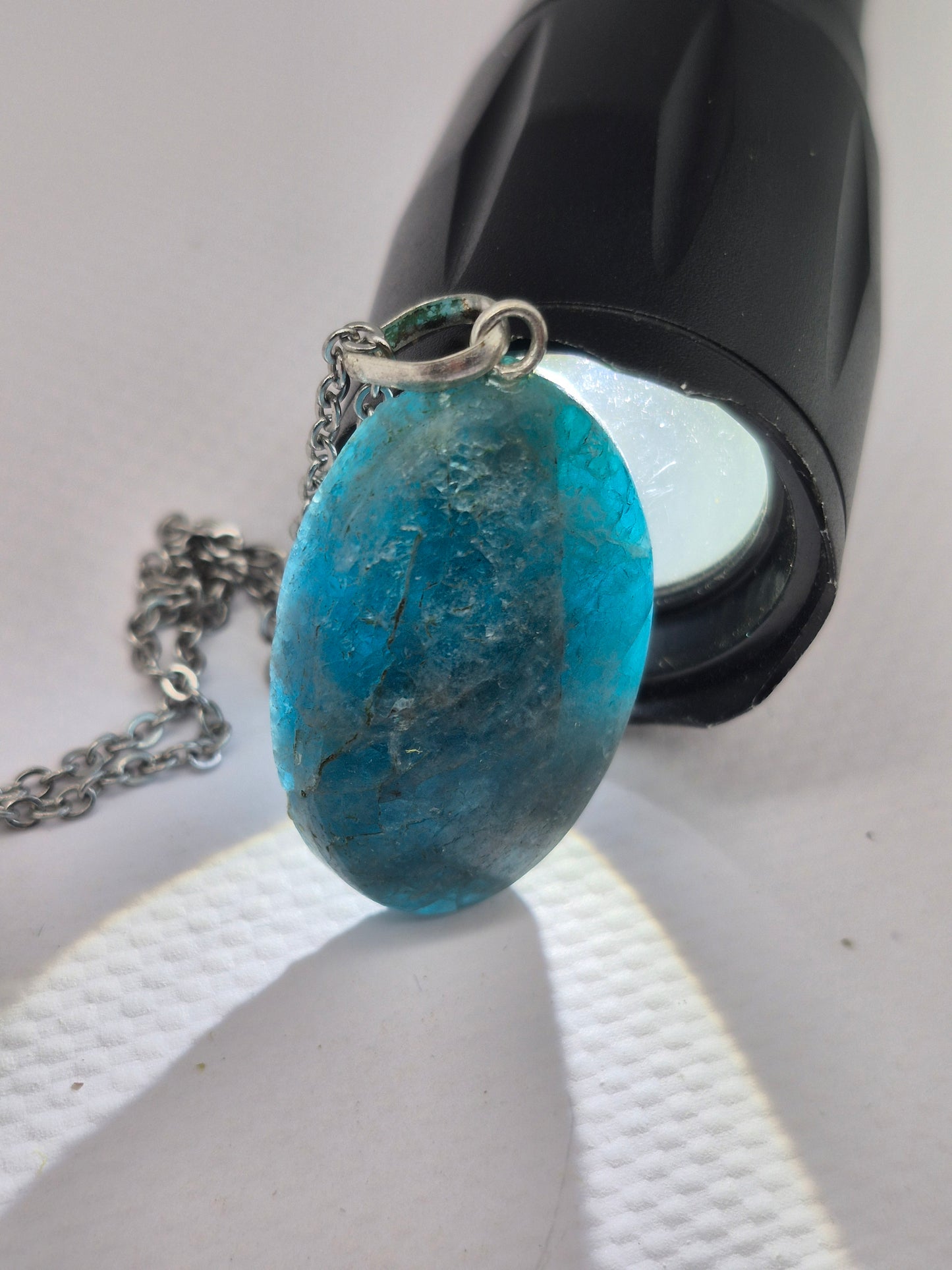 Blue Apatite Crystal Necklace Oval Shaped Silver Hoop, Stailnless steel Chain, Healing Crystal