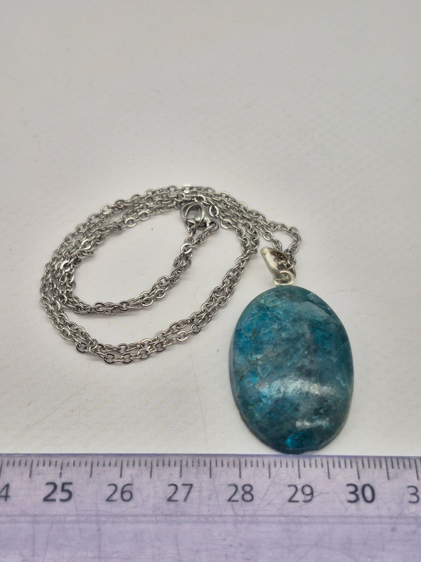 Blue Apatite Crystal Necklace Oval Shaped Silver Hoop, Stailnless steel Chain, Healing Crystal