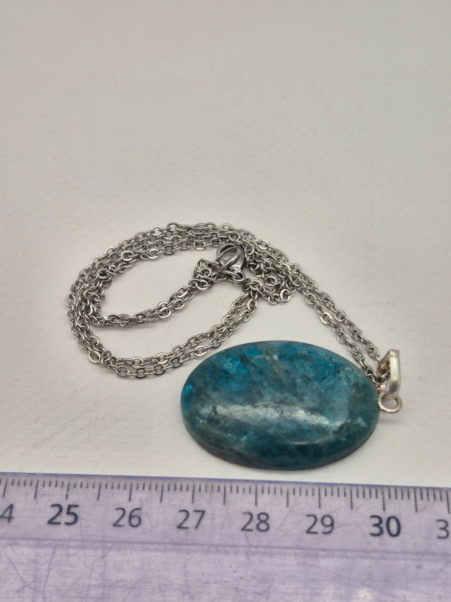 Blue Apatite Crystal Necklace Oval Shaped Silver Hoop, Stailnless steel Chain, Healing Crystal