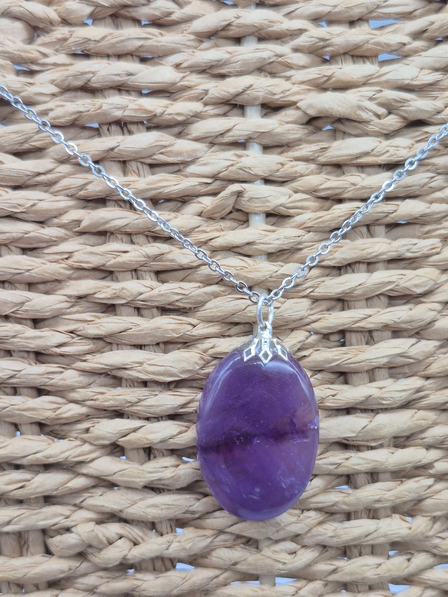 Amethyst Pendant Silver Hoop, Stailnless steel Chain, Healing Crystal