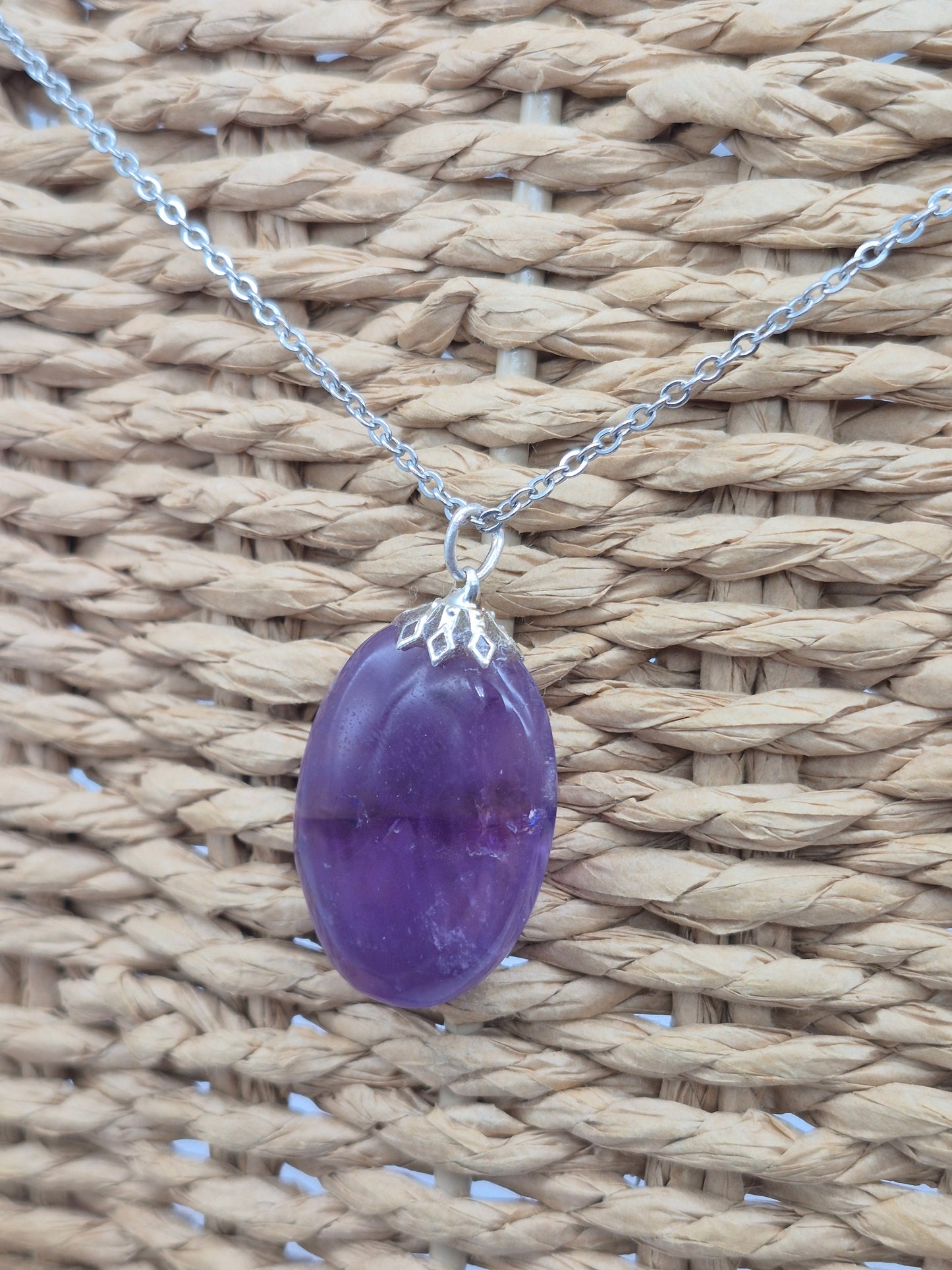 Amethyst Pendant Silver Hoop, Stailnless steel Chain, Healing Crystal