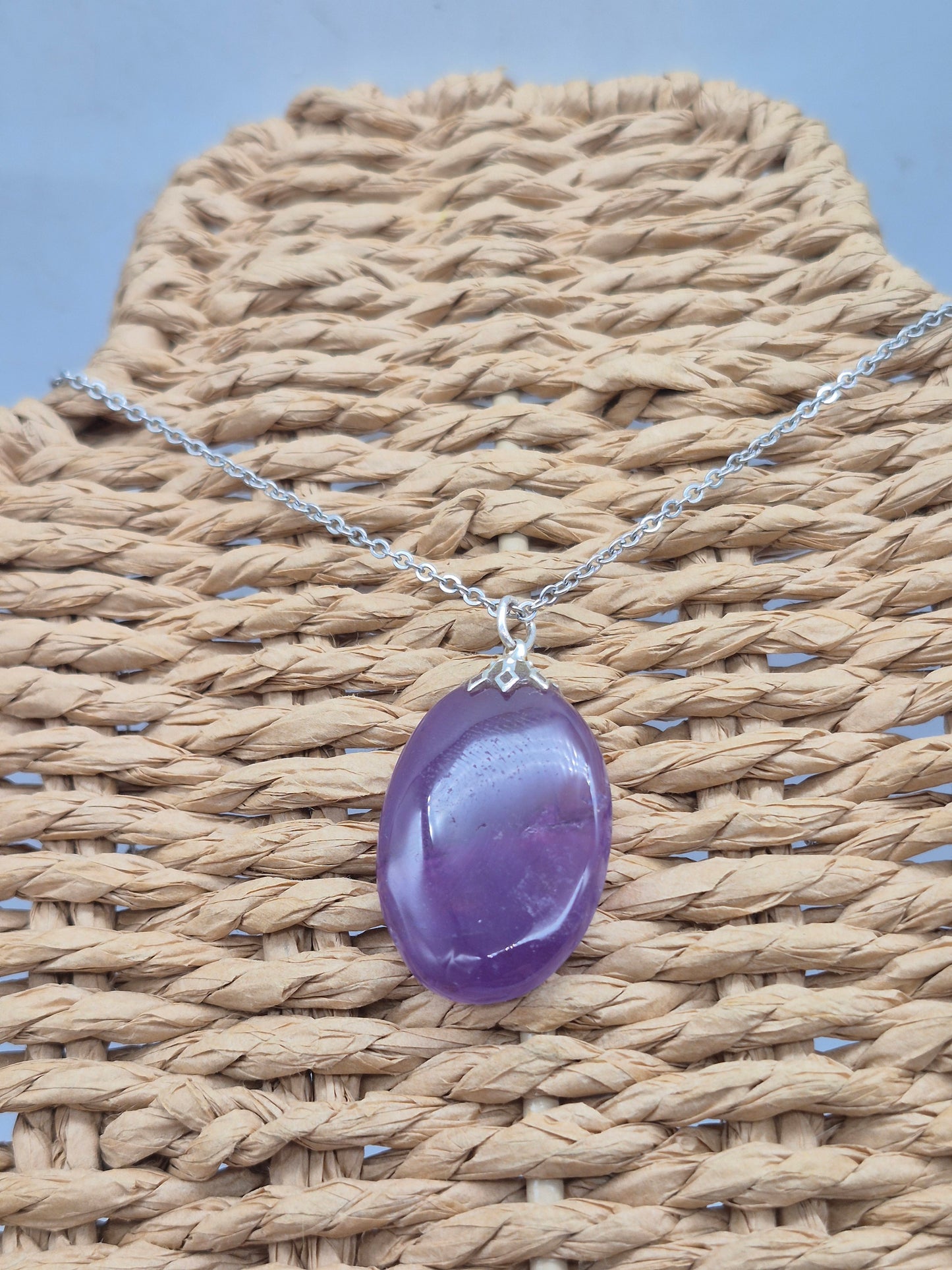 Amethyst Pendant Silver Hoop, Stailnless steel Chain, Healing Crystal