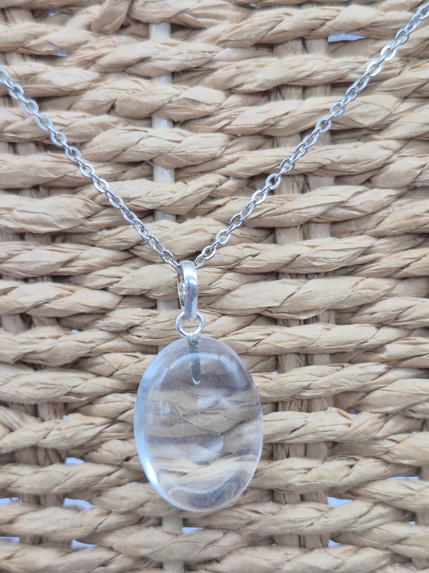 Clear Quartz Necklace Oval Shaped Silver Hoop, Stailnless steel Chain, Healing Crystal