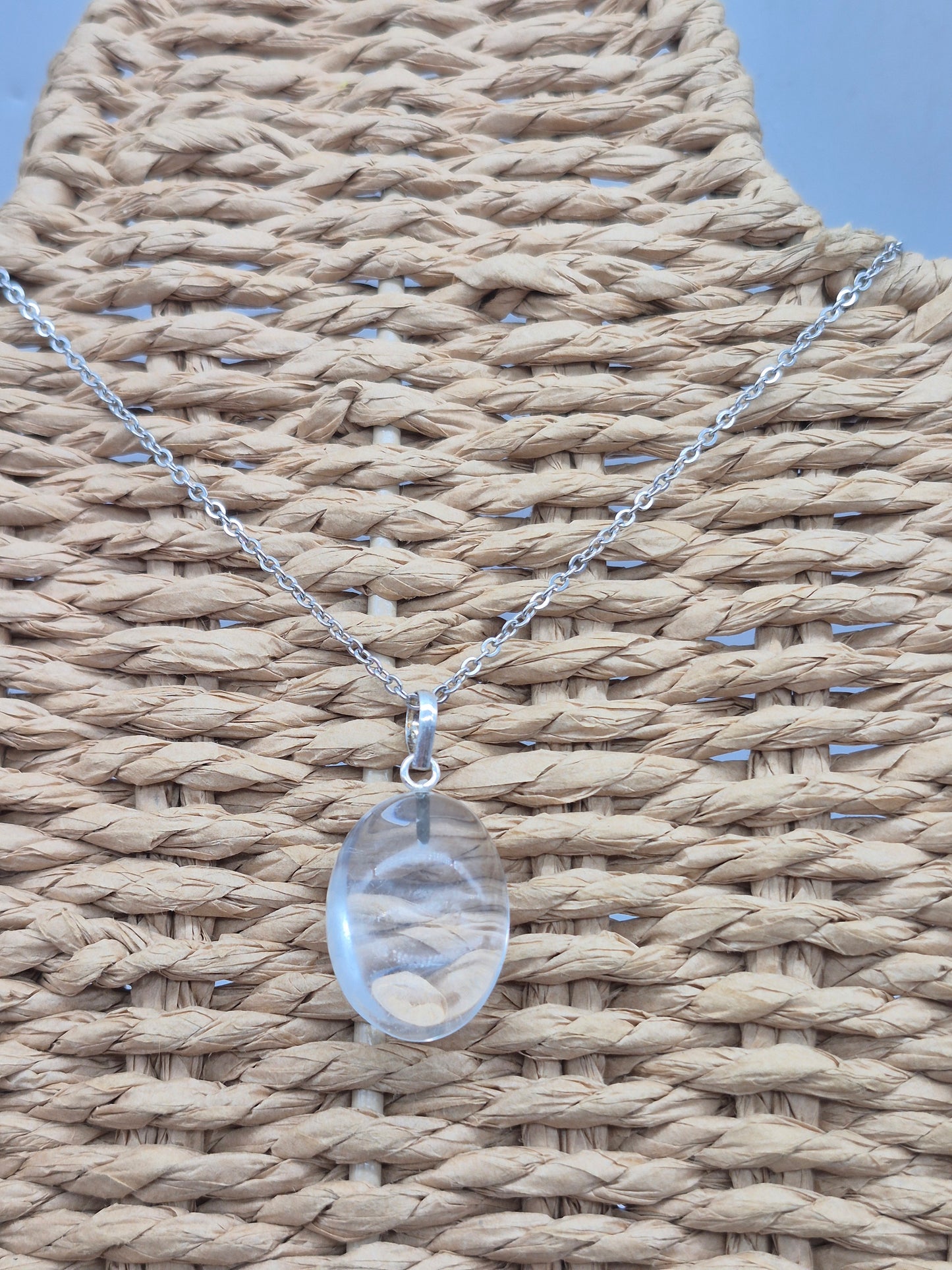 Clear Quartz Necklace Oval Shaped Silver Hoop, Stailnless steel Chain, Healing Crystal