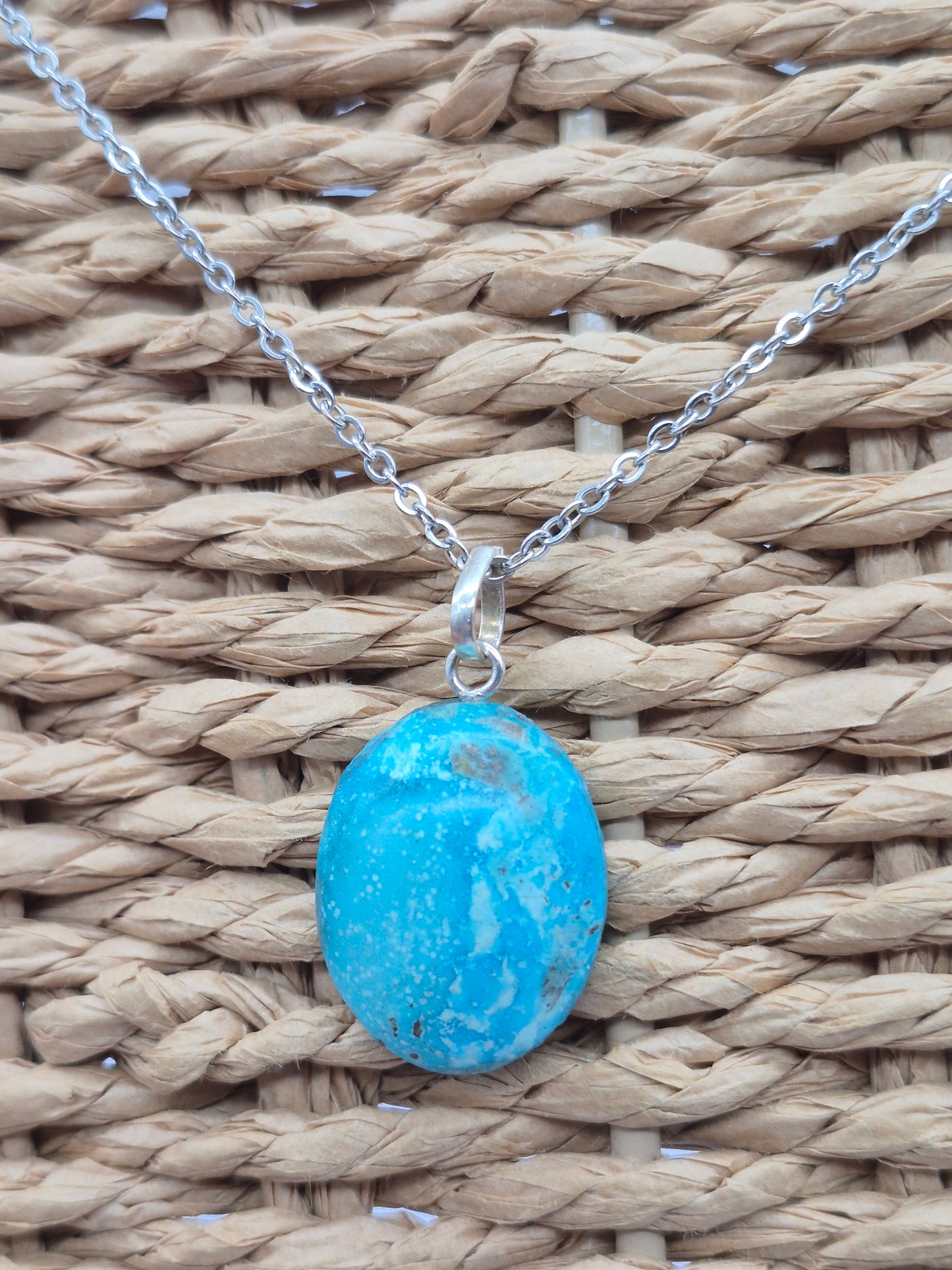 Authentic Natural Turquoise Oval Pendant: Stailnless steel Chain, Healing Crystal