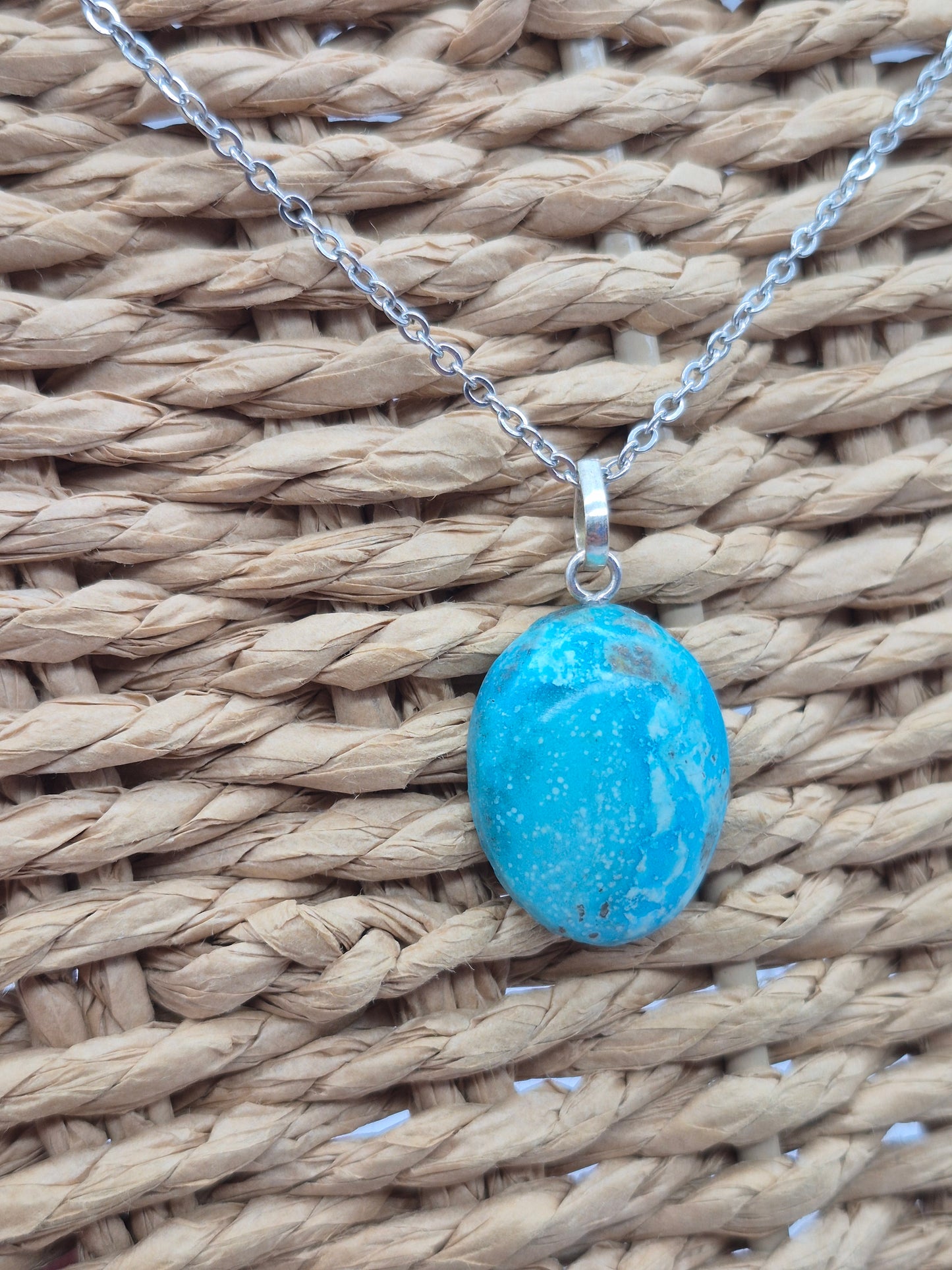 Authentic Natural Turquoise Oval Pendant: Stailnless steel Chain, Healing Crystal