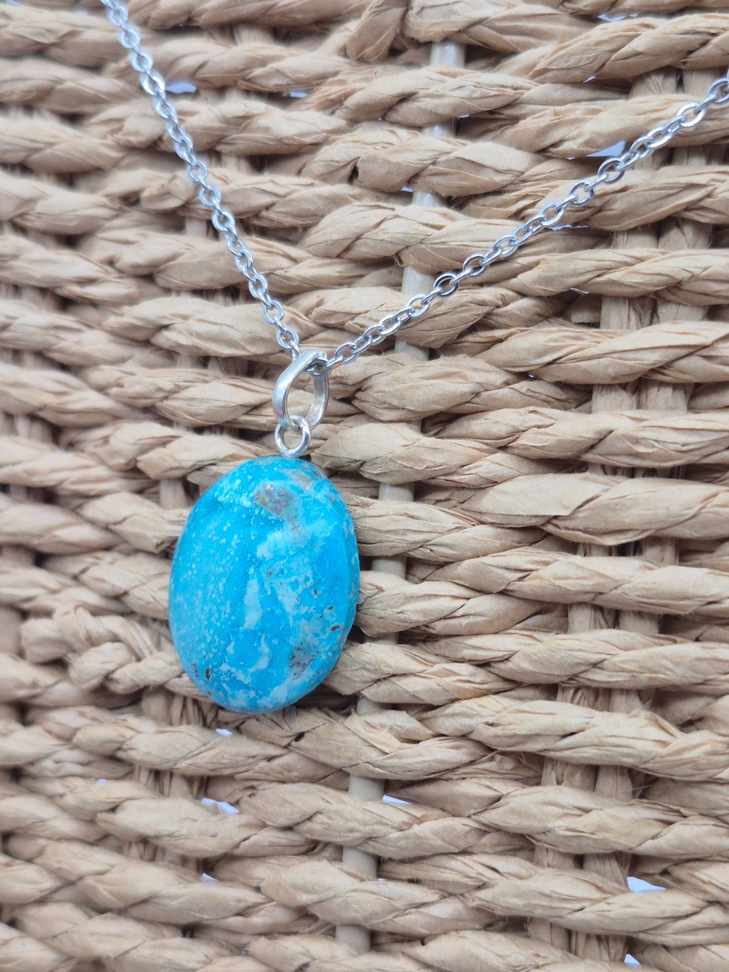 Authentic Natural Turquoise Oval Pendant: Stailnless steel Chain, Healing Crystal