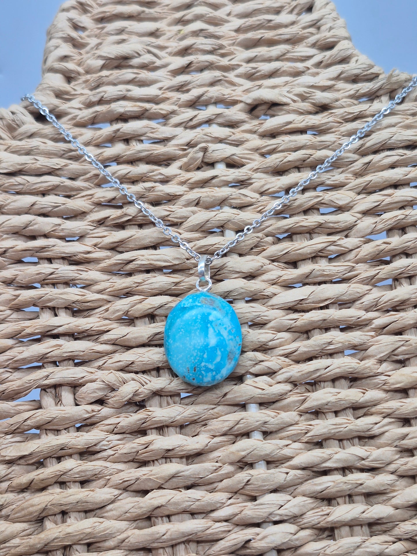 Authentic Natural Turquoise Oval Pendant: Stailnless steel Chain, Healing Crystal