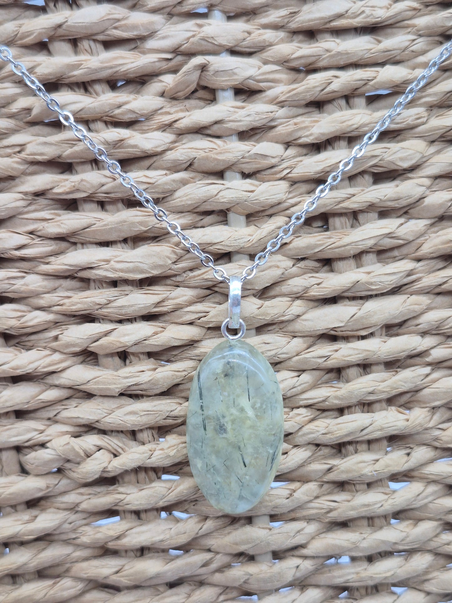 Prehnite Pendant Necklace with Green Tourmaline, Silver Hoop with Steel Chain