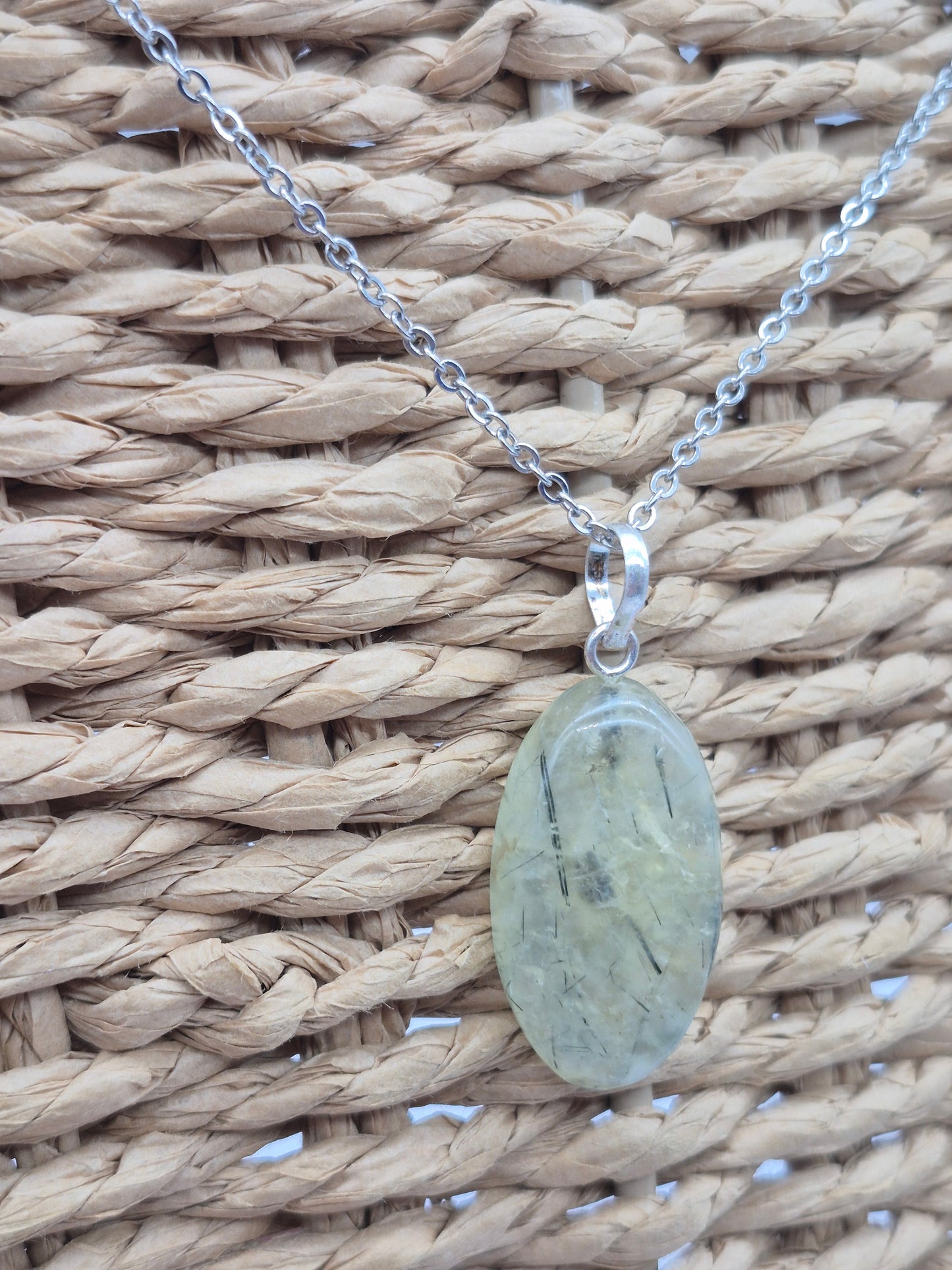Prehnite Pendant Necklace with Green Tourmaline, Silver Hoop with Steel Chain