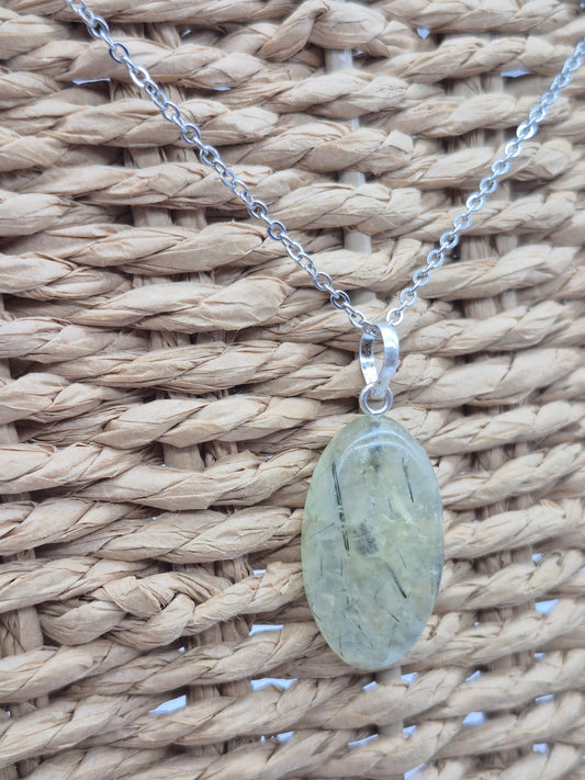 Prehnite Pendant Necklace with Green Tourmaline, Silver Hoop with Steel Chain