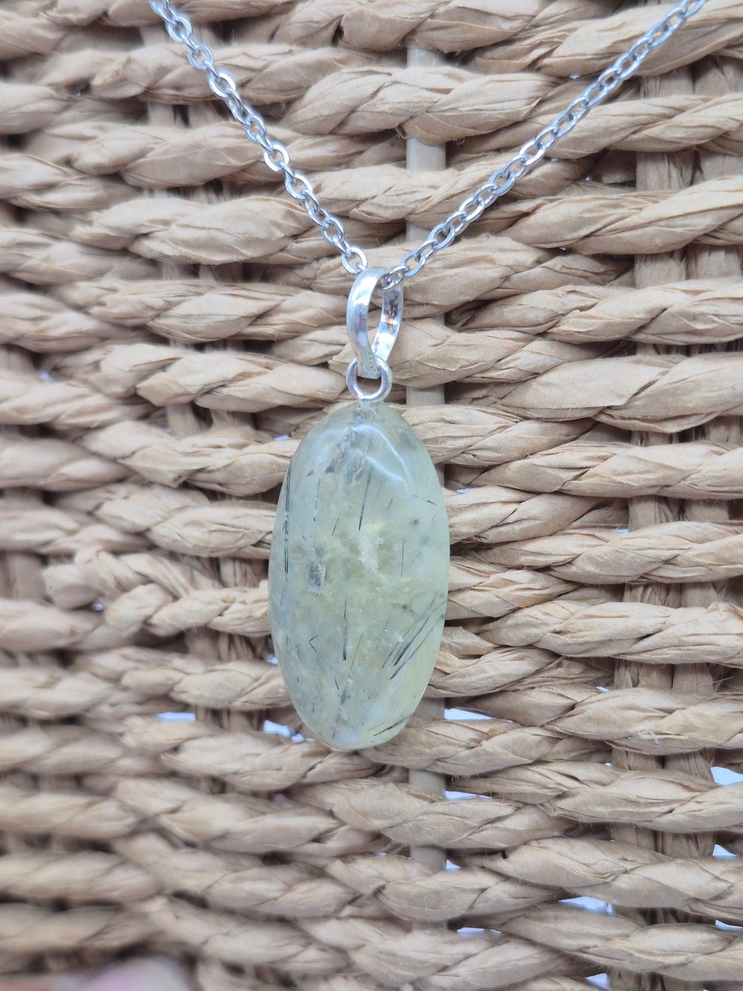 Prehnite Pendant Necklace with Green Tourmaline, Silver Hoop with Steel Chain