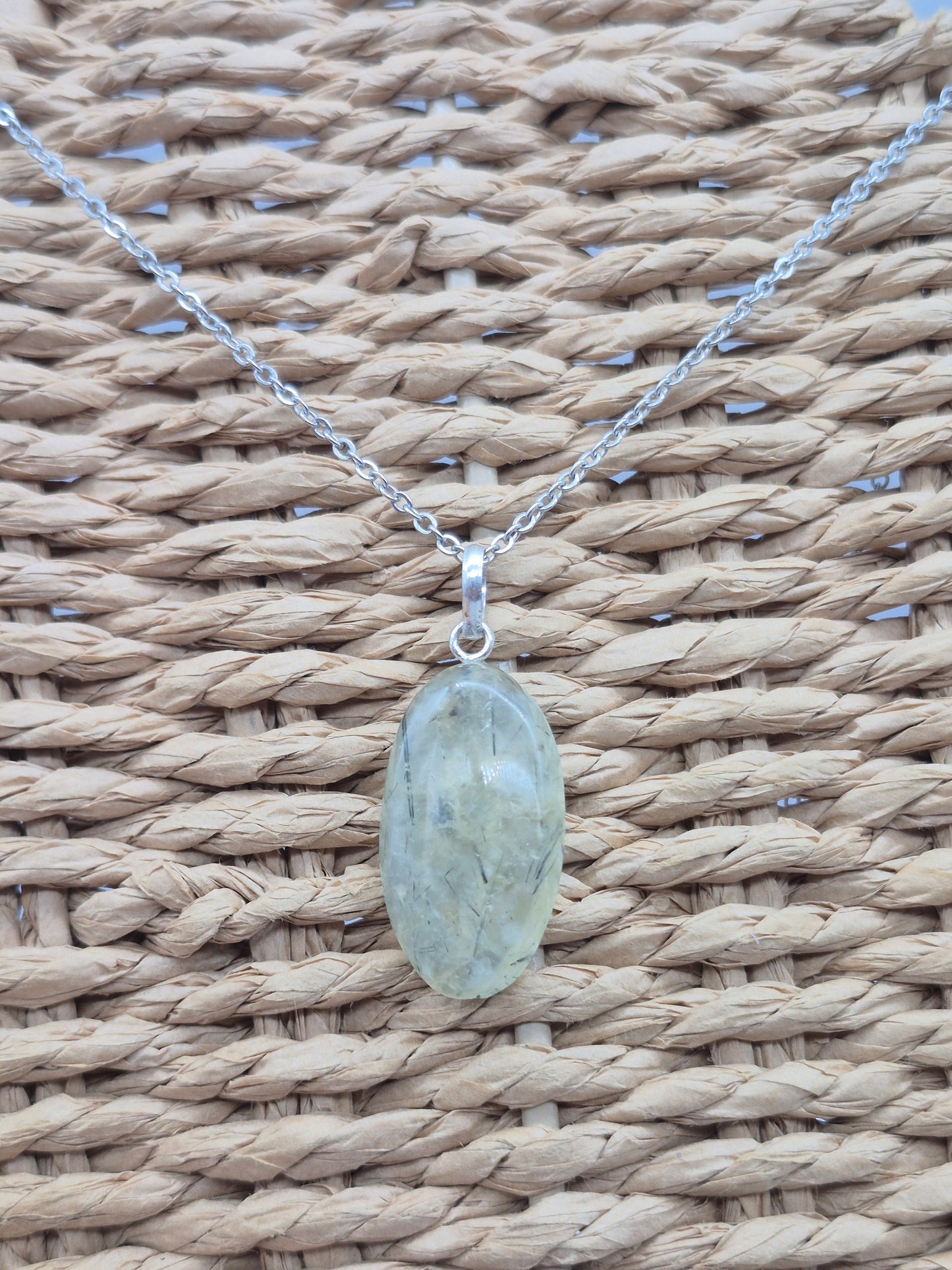 Prehnite Pendant Necklace with Green Tourmaline, Silver Hoop with Steel Chain