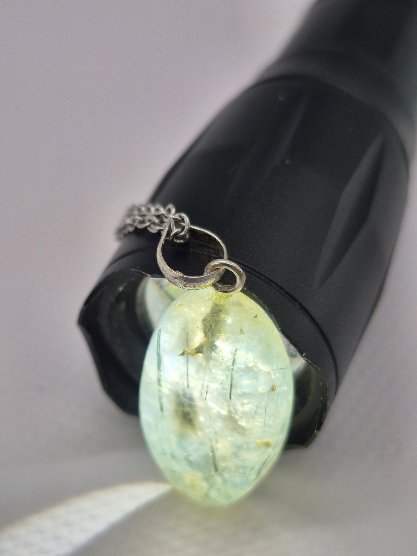Prehnite Pendant Necklace with Green Tourmaline, Silver Hoop with Steel Chain