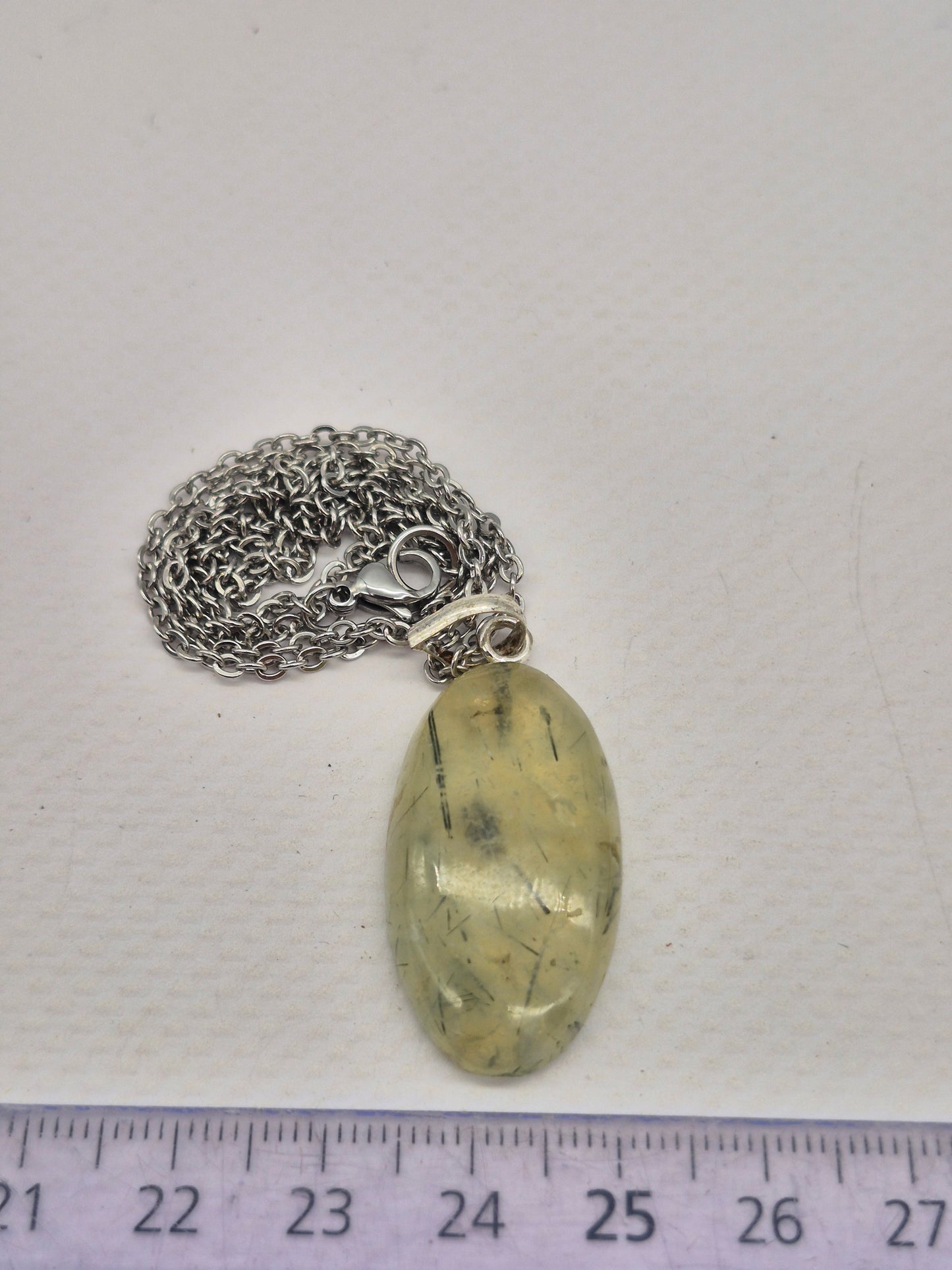 Prehnite Pendant Necklace with Green Tourmaline, Silver Hoop with Steel Chain