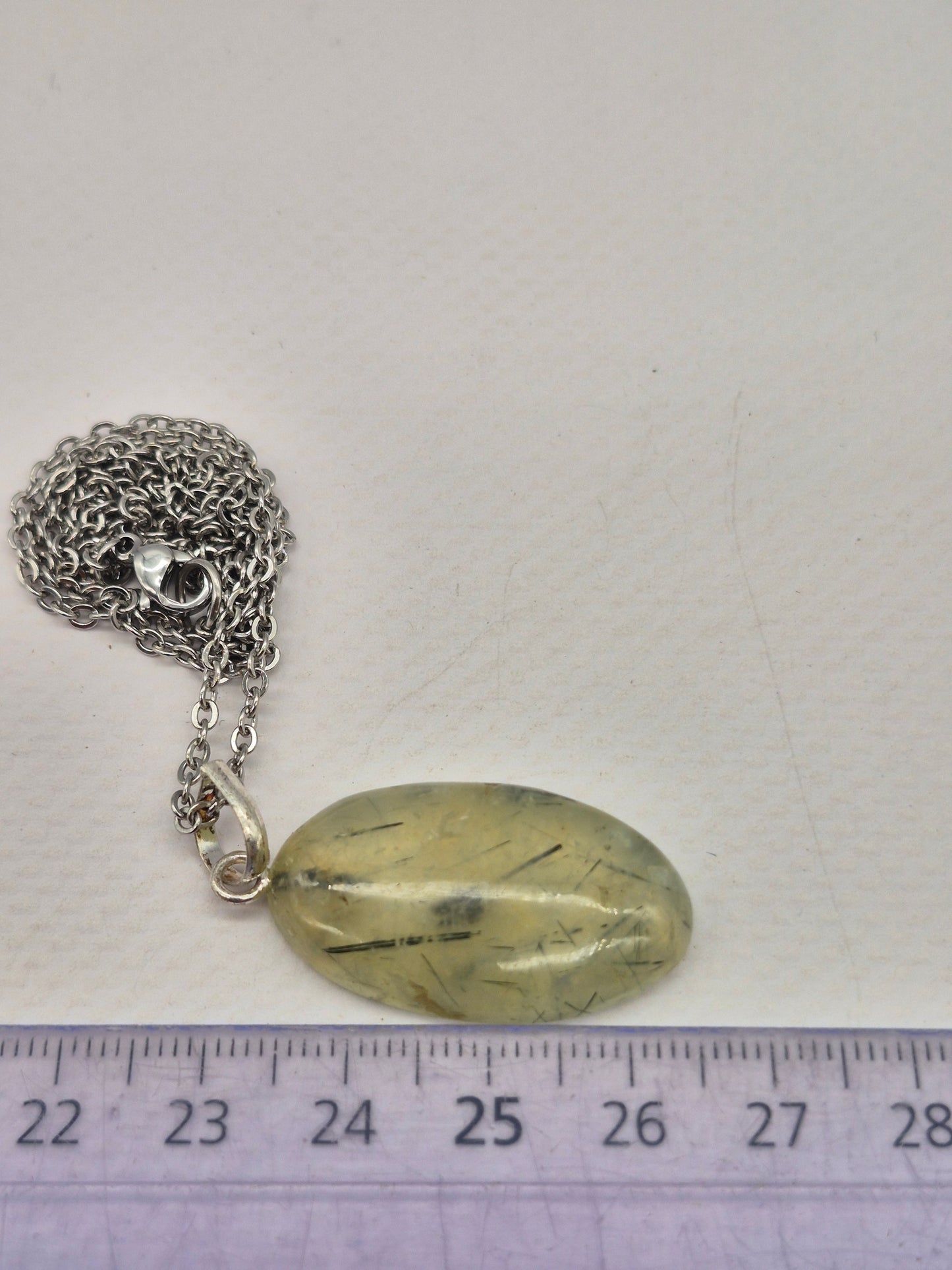 Prehnite Pendant Necklace with Green Tourmaline, Silver Hoop with Steel Chain