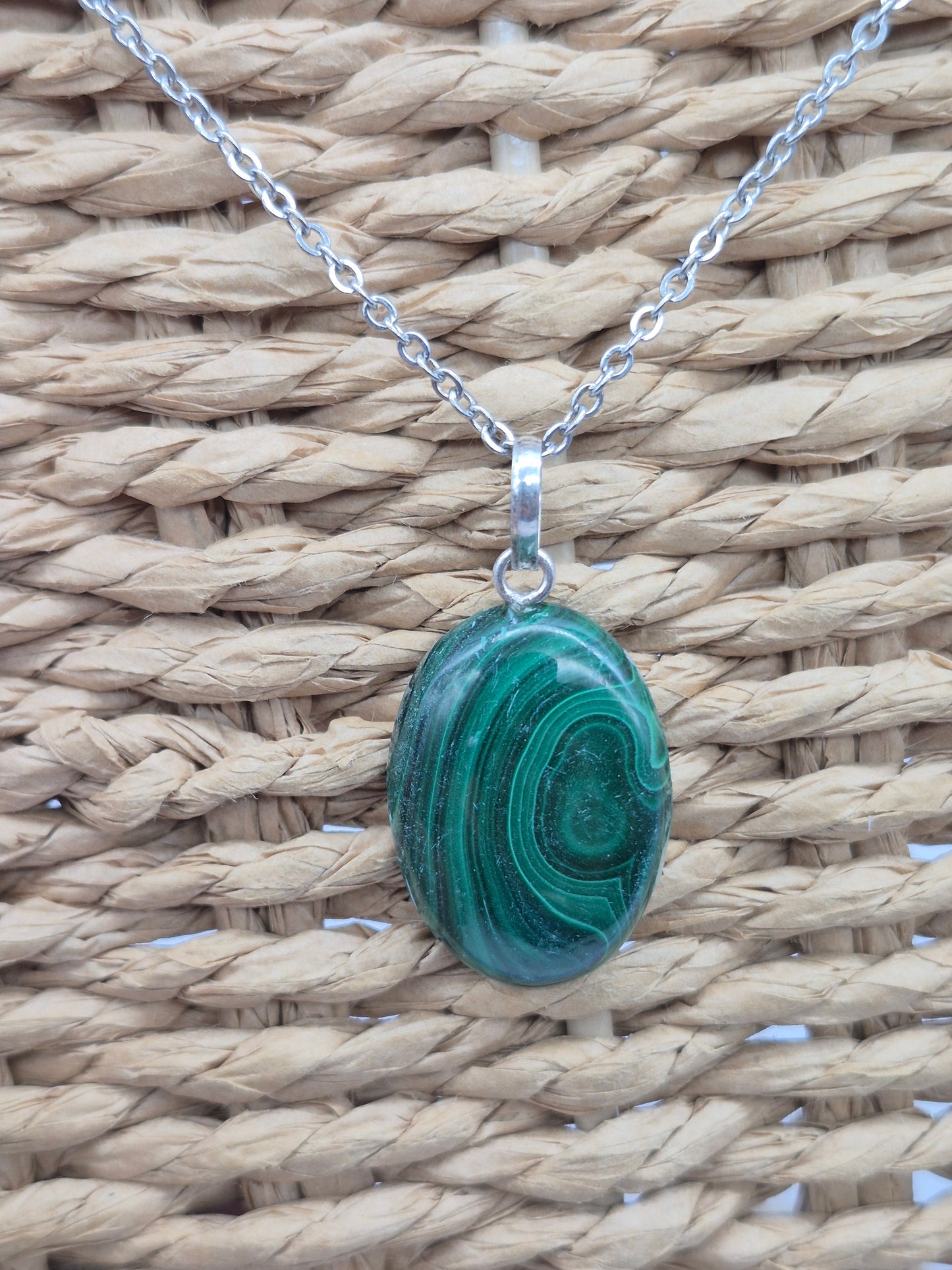 Handmade Malachite Oval Pendant: Stailnless steel Chain, Healing Crystal