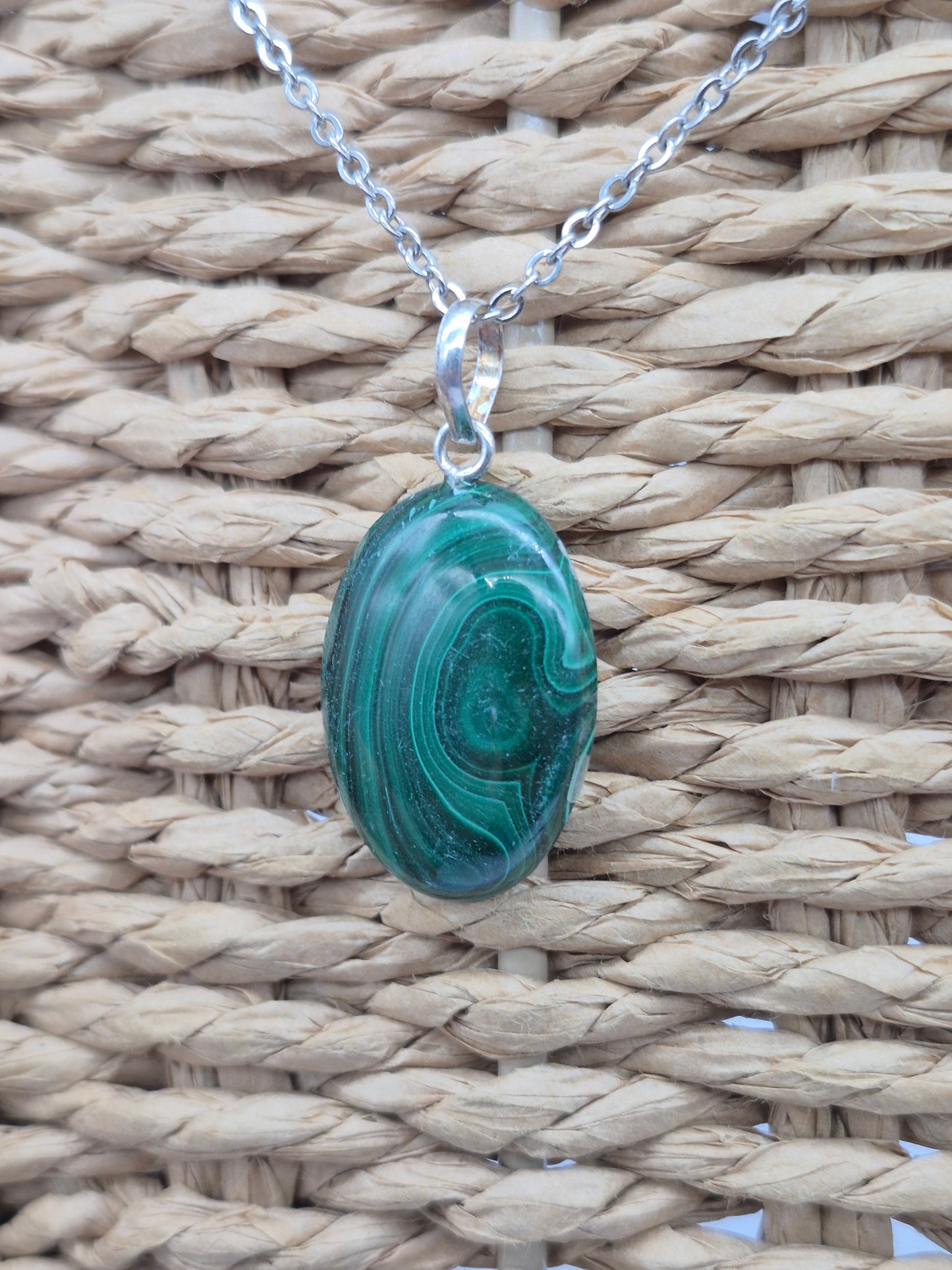 Handmade Malachite Oval Pendant: Stailnless steel Chain, Healing Crystal