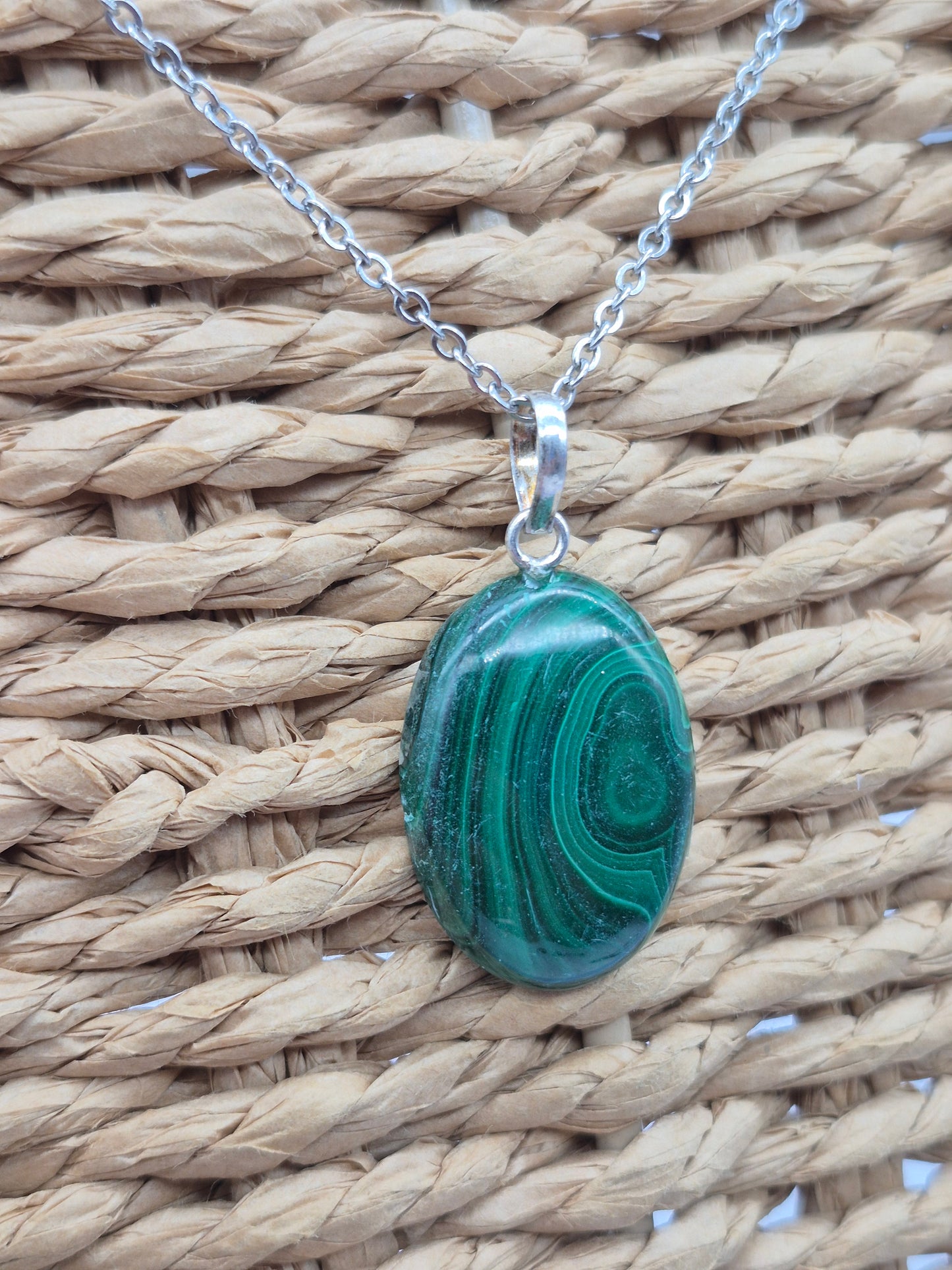 Handmade Malachite Oval Pendant: Stailnless steel Chain, Healing Crystal