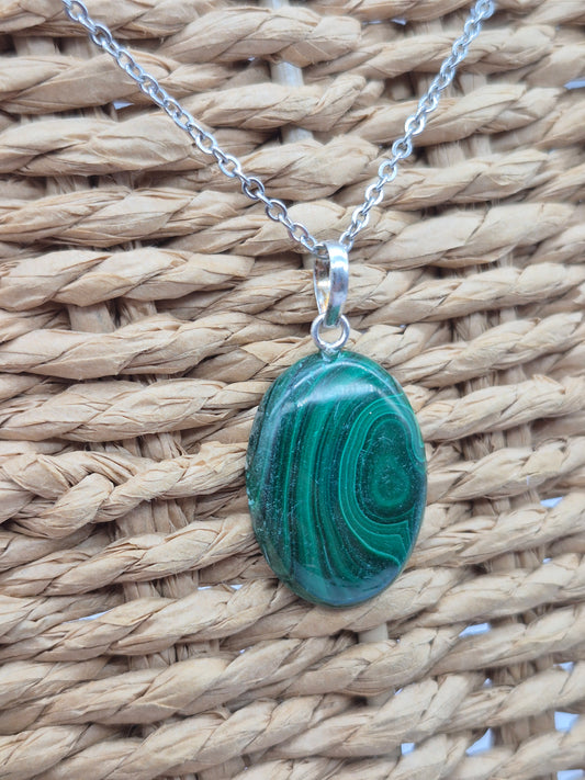 Handmade Malachite Oval Pendant: Stailnless steel Chain, Healing Crystal