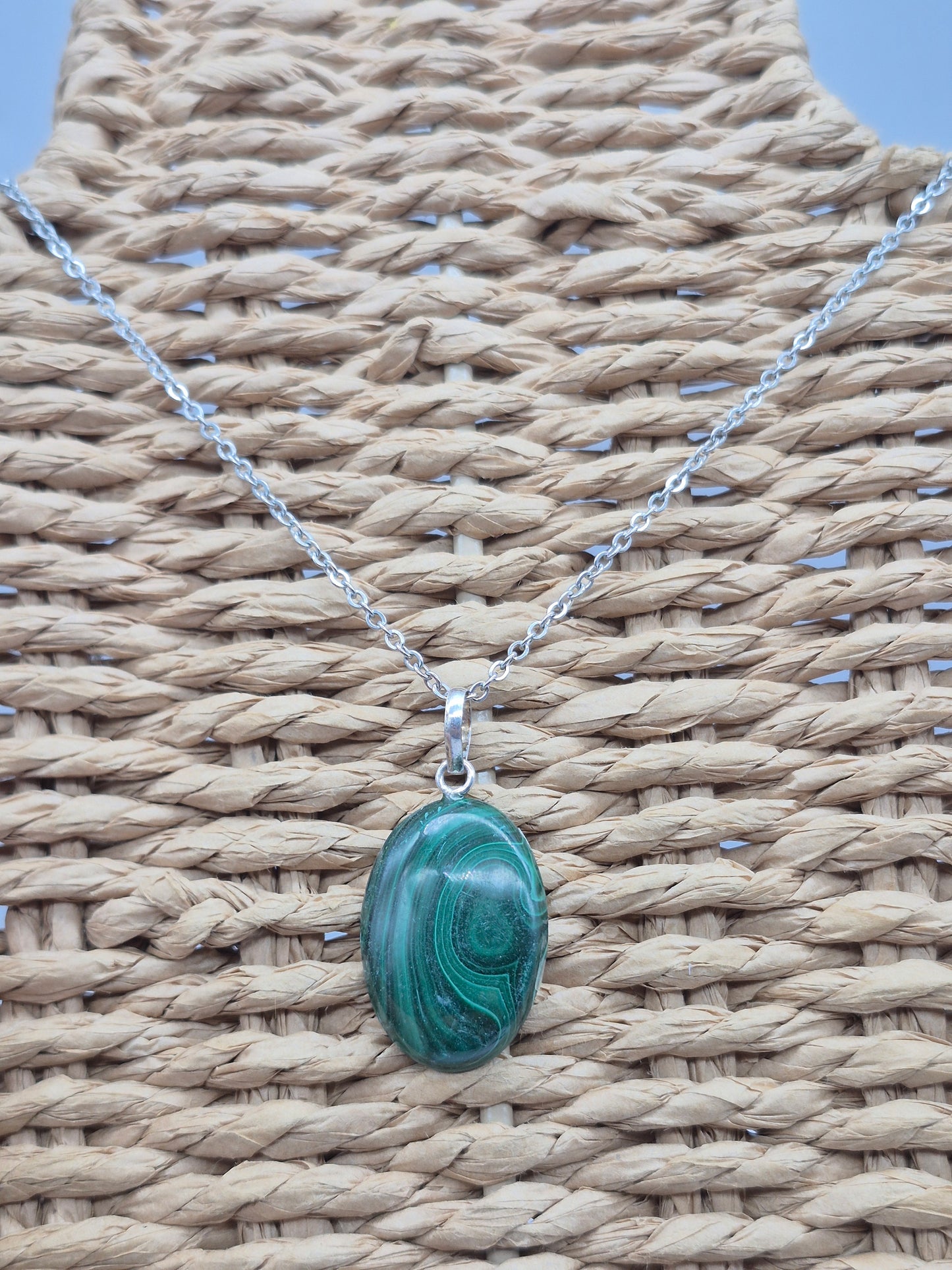 Handmade Malachite Oval Pendant: Stailnless steel Chain, Healing Crystal