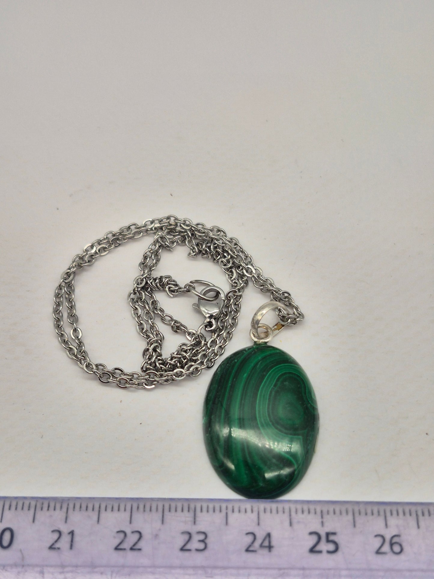 Handmade Malachite Oval Pendant: Stailnless steel Chain, Healing Crystal