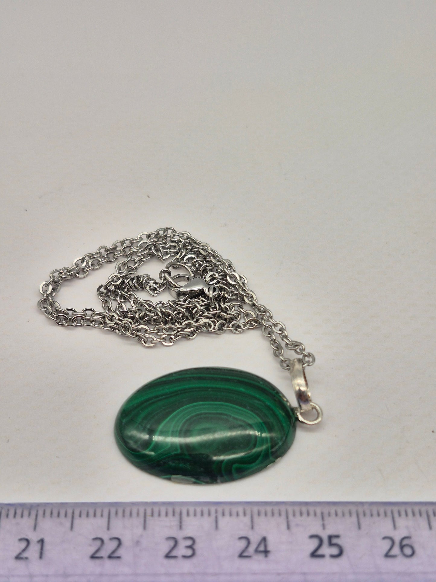 Handmade Malachite Oval Pendant: Stailnless steel Chain, Healing Crystal