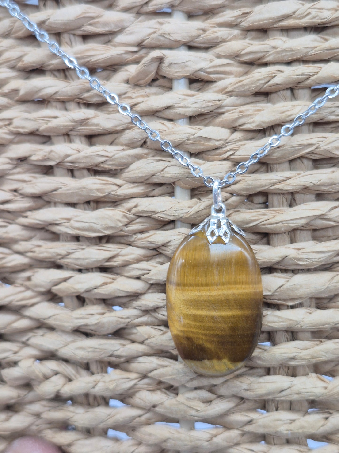 Handmade Yellow Tiger's Eye Oval Pendant: Stailnless steel Chain, Healing Crystal