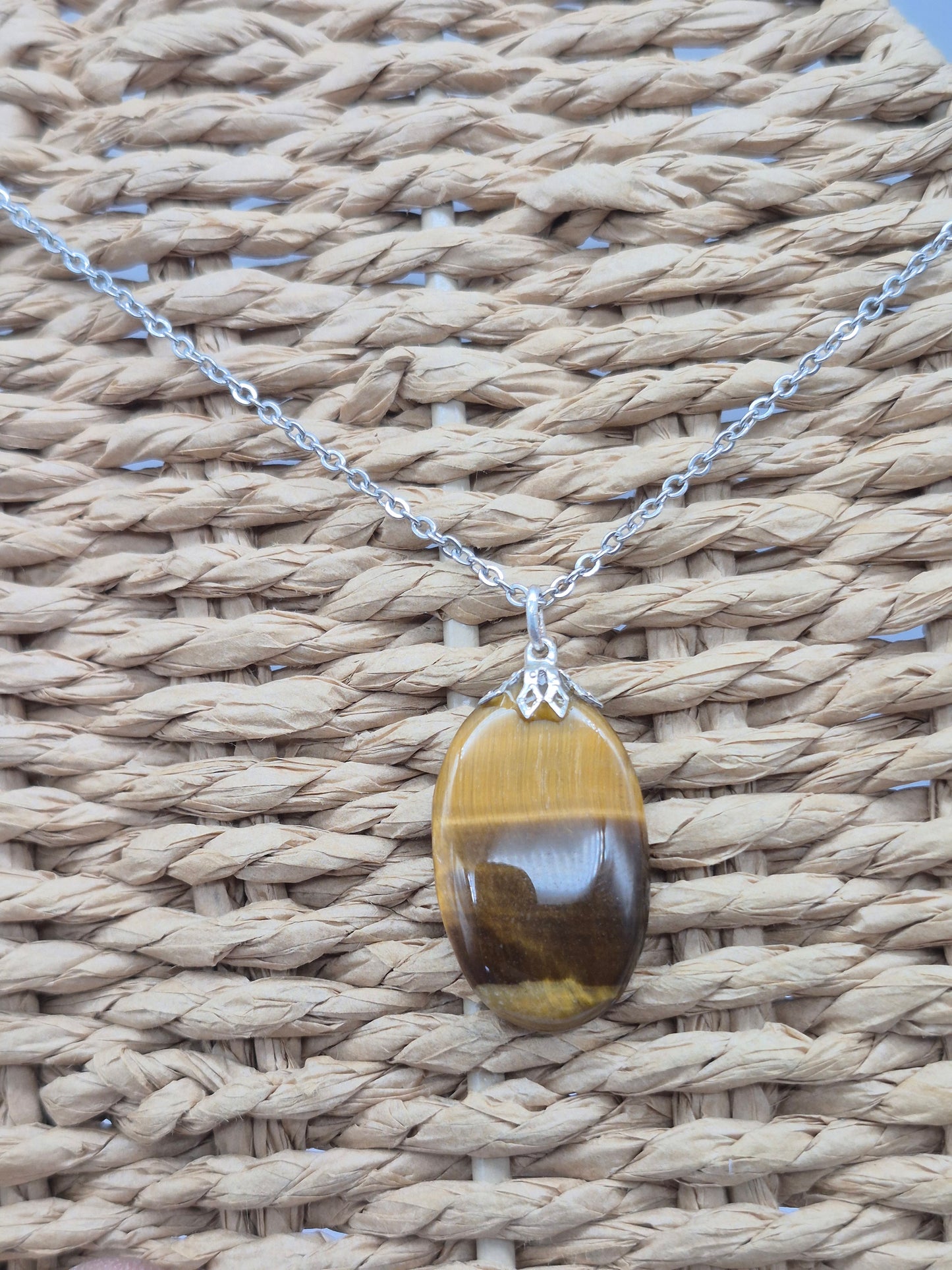 Handmade Yellow Tiger's Eye Oval Pendant: Stailnless steel Chain, Healing Crystal