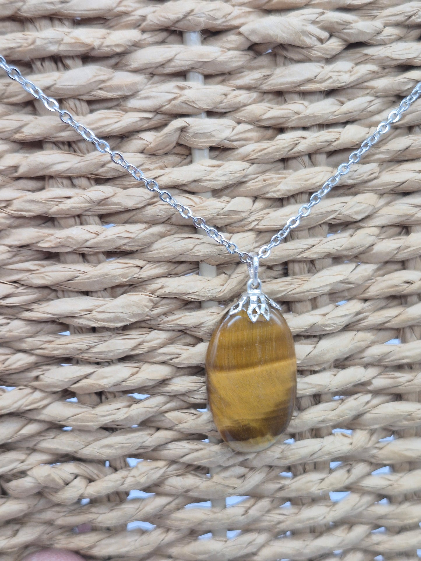 Handmade Yellow Tiger's Eye Oval Pendant: Stailnless steel Chain, Healing Crystal