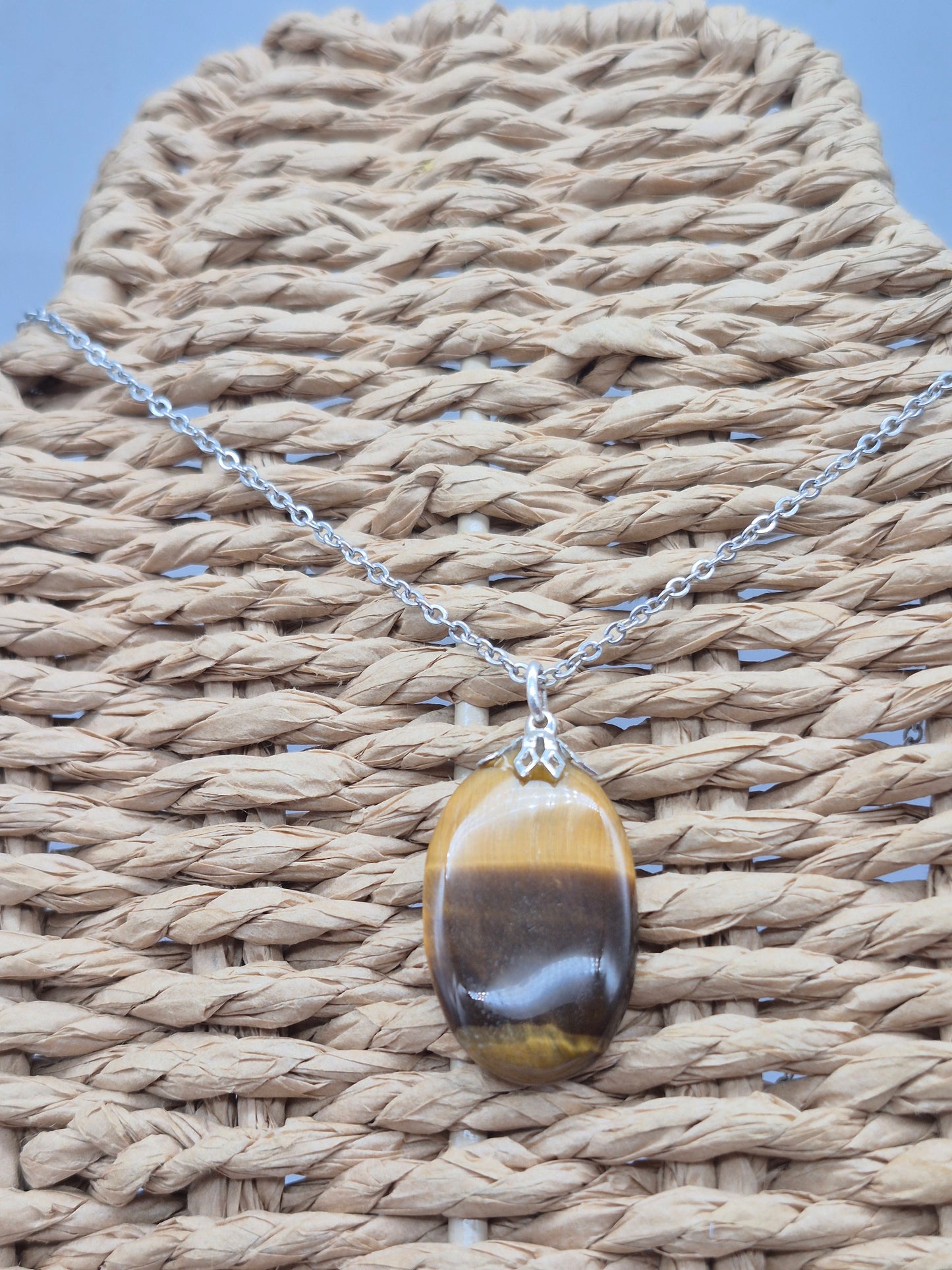 Handmade Yellow Tiger's Eye Oval Pendant: Stailnless steel Chain, Healing Crystal