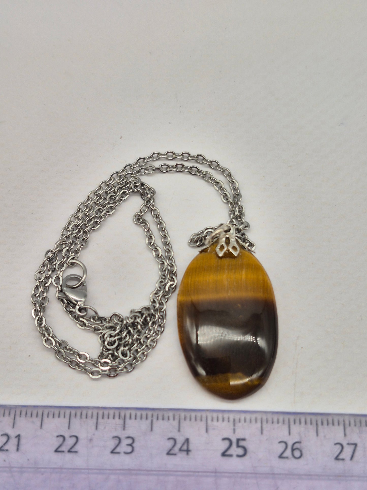 Handmade Yellow Tiger's Eye Oval Pendant: Stailnless steel Chain, Healing Crystal