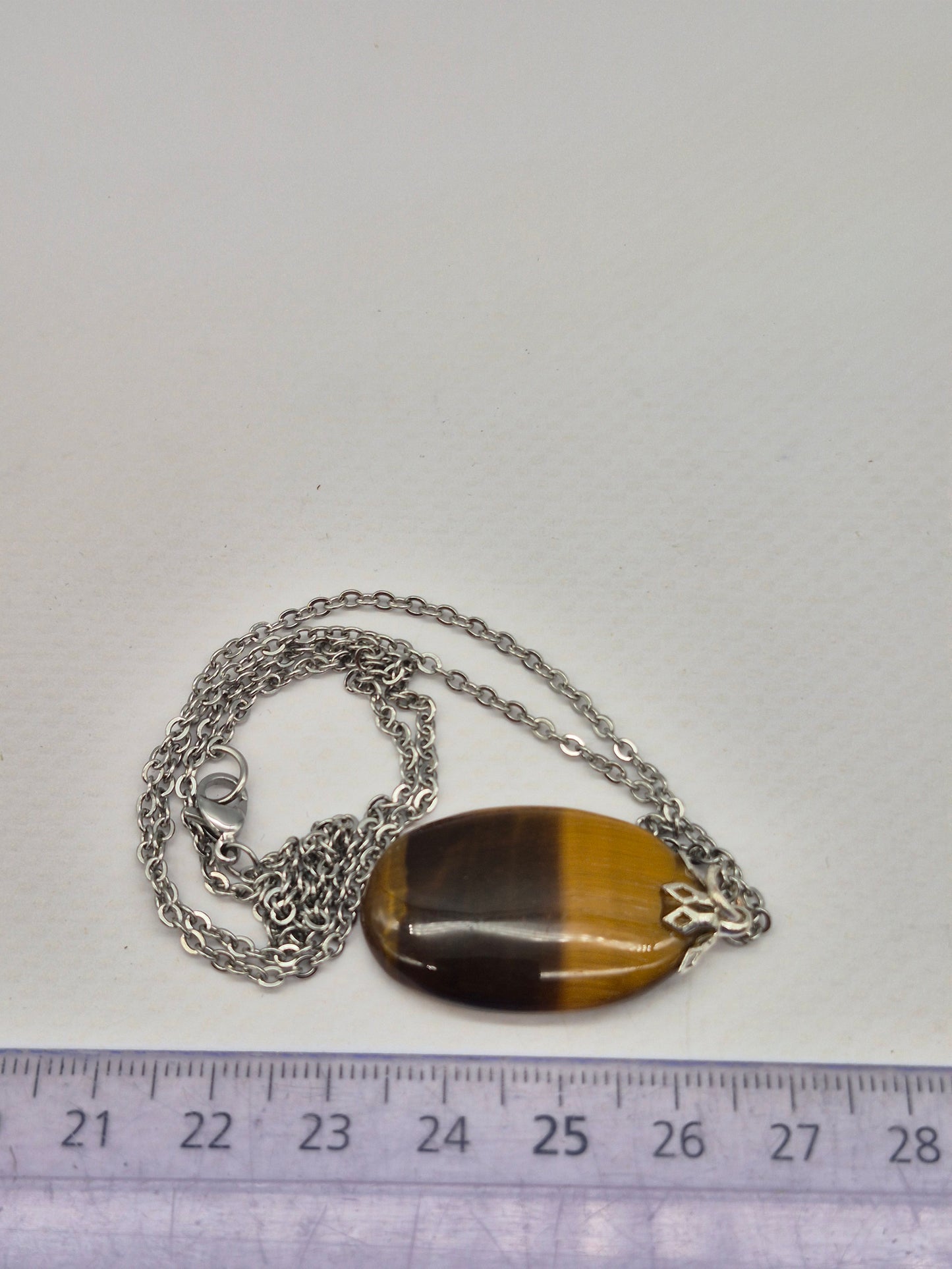 Handmade Yellow Tiger's Eye Oval Pendant: Stailnless steel Chain, Healing Crystal