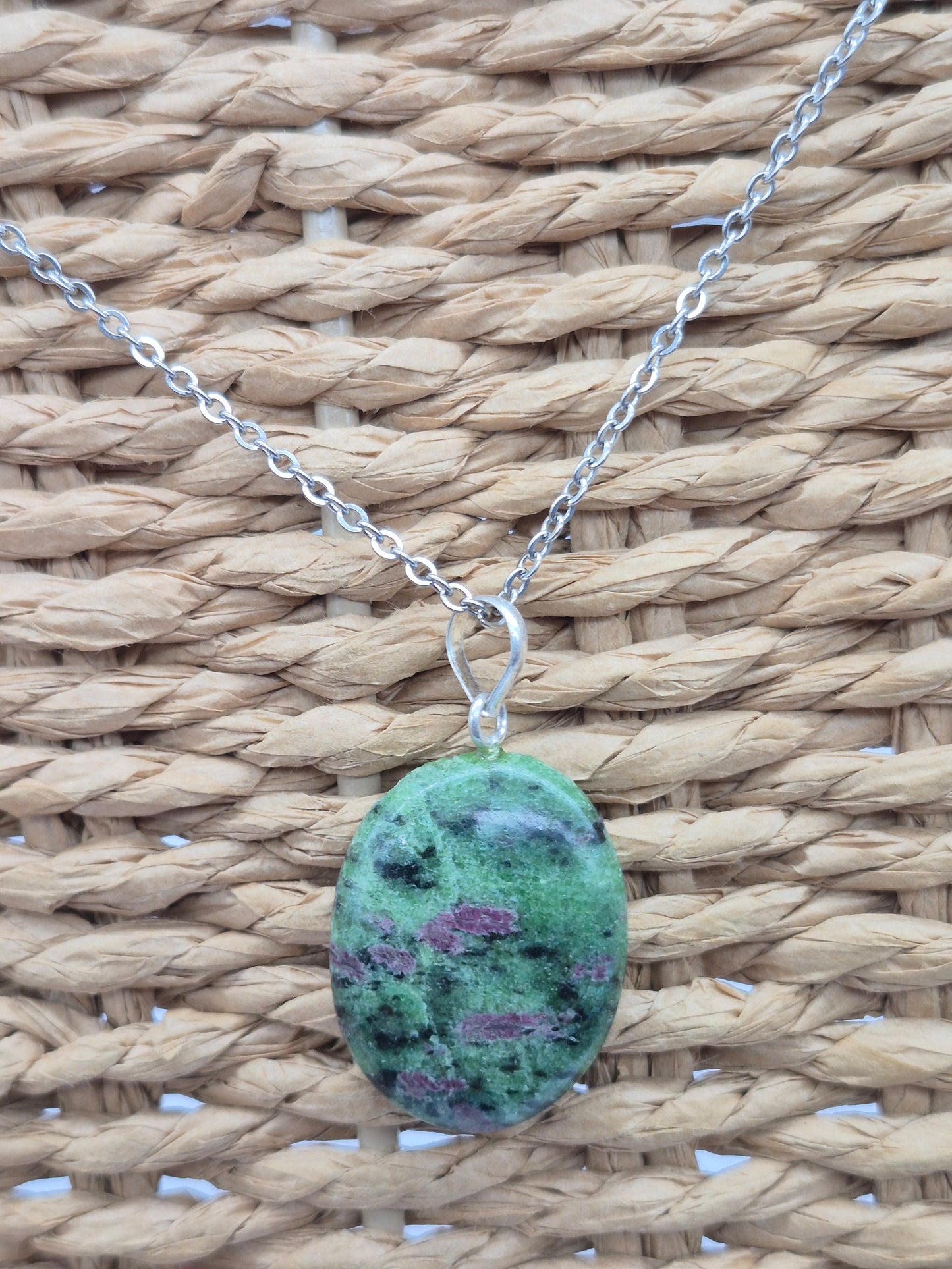 Ruby Zoisite Pendant Oval Shaped Silver Hoop, Stailnless steel Chain, Healing Crystal