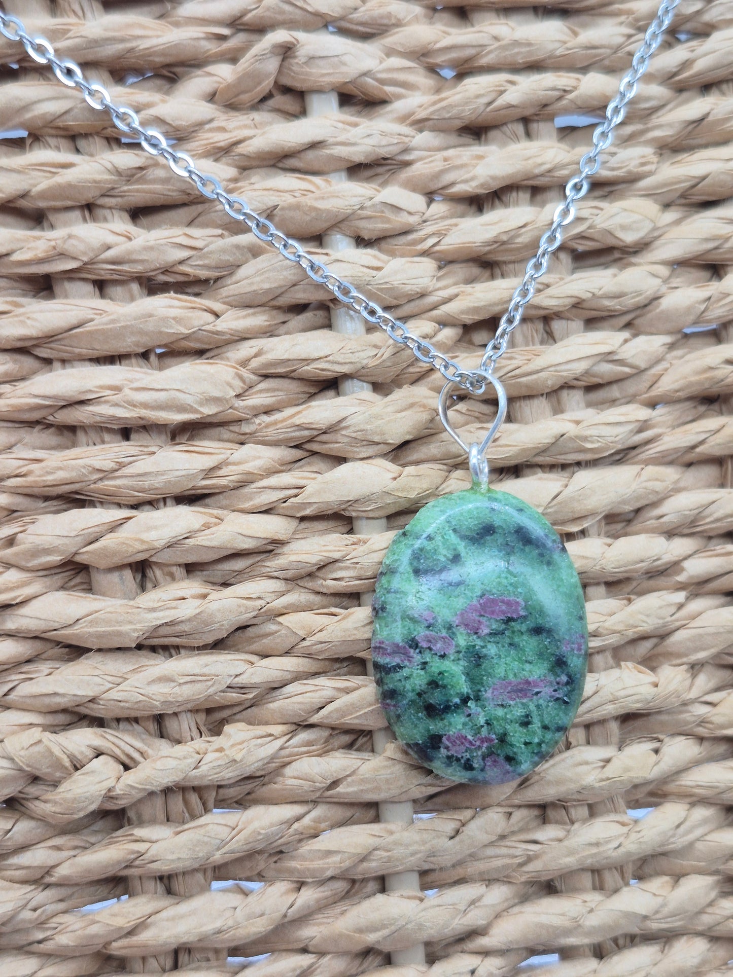 Ruby Zoisite Pendant Oval Shaped Silver Hoop, Stailnless steel Chain, Healing Crystal