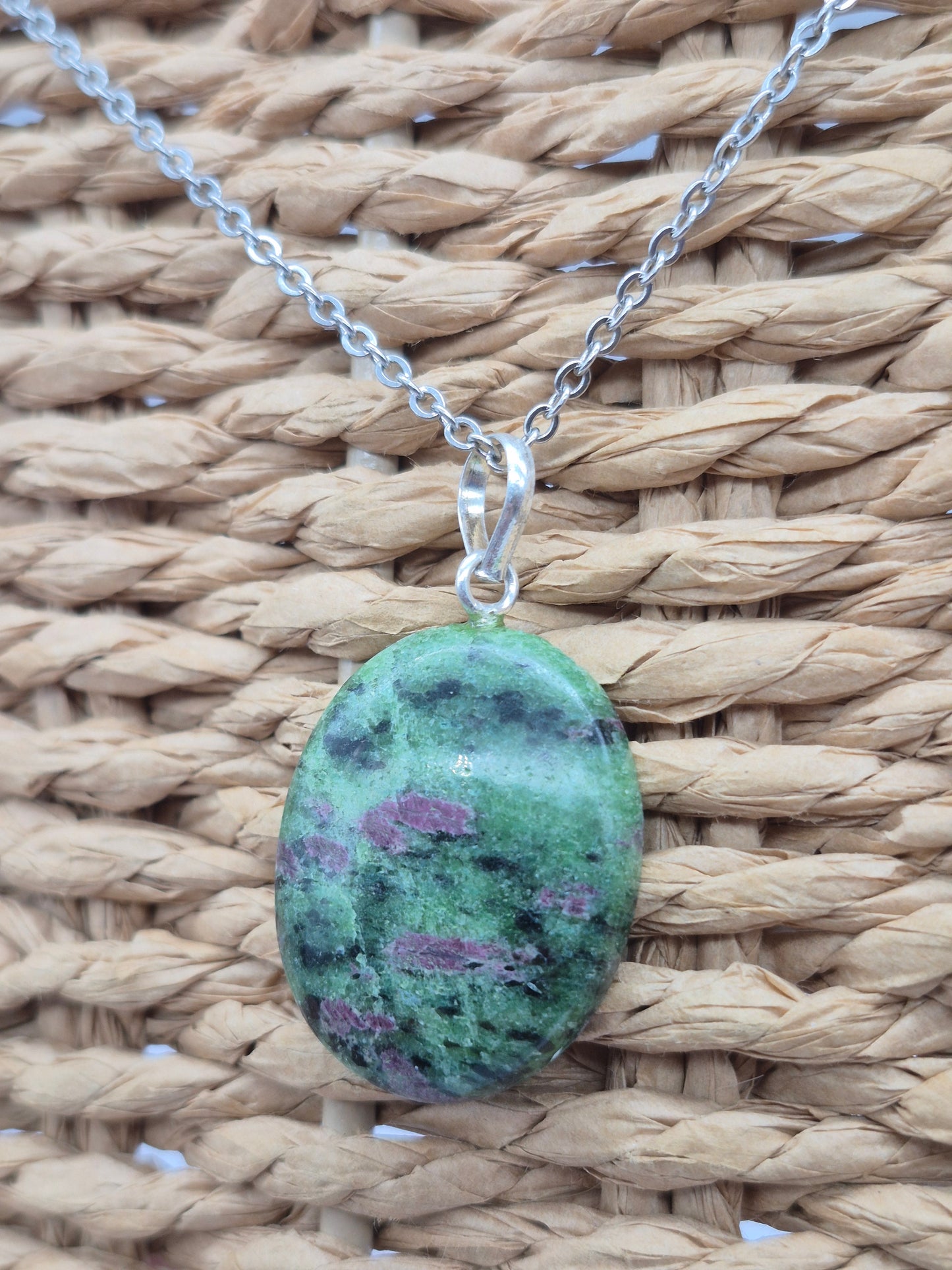 Ruby Zoisite Pendant Oval Shaped Silver Hoop, Stailnless steel Chain, Healing Crystal