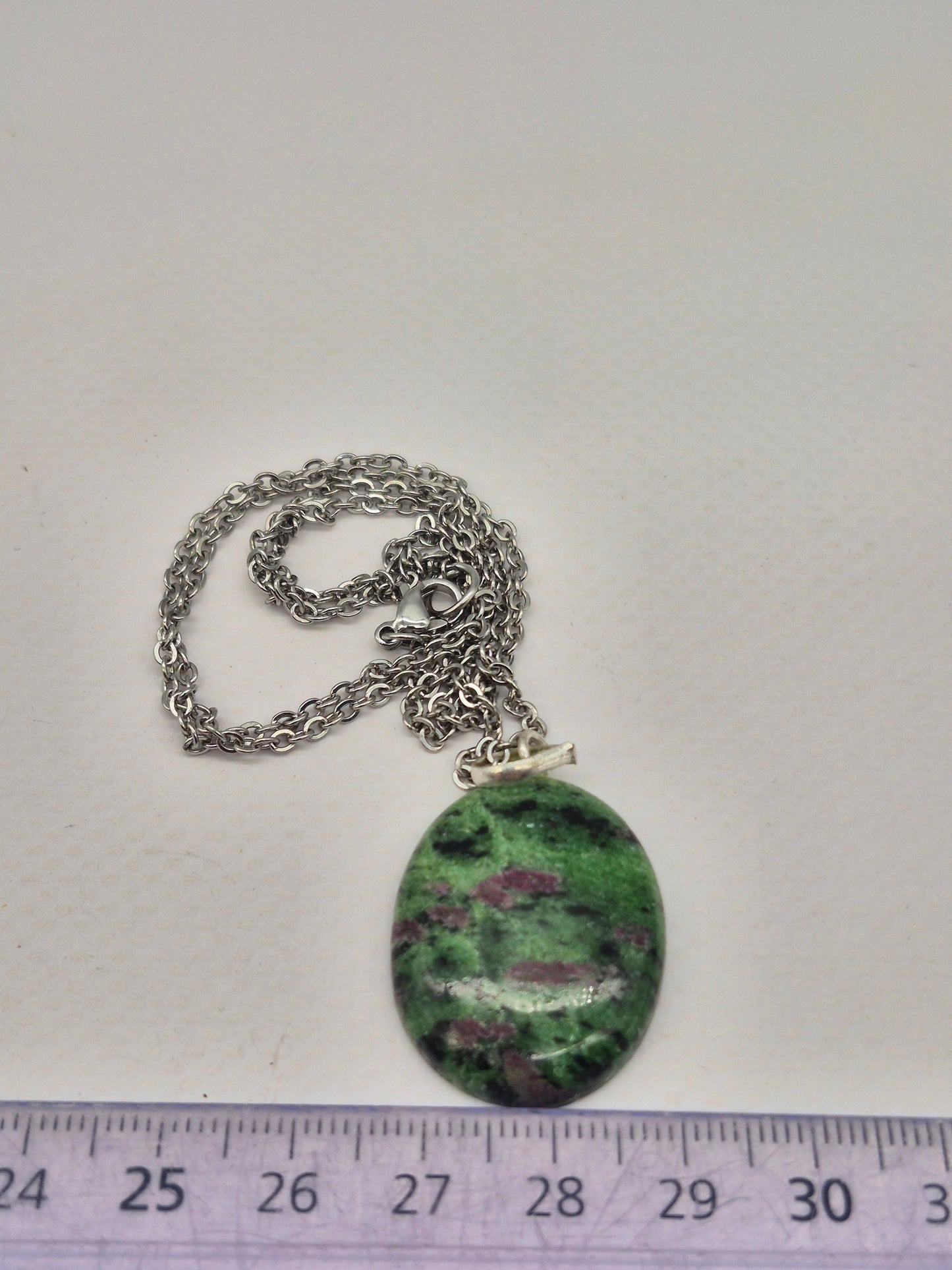 Ruby Zoisite Pendant Oval Shaped Silver Hoop, Stailnless steel Chain, Healing Crystal