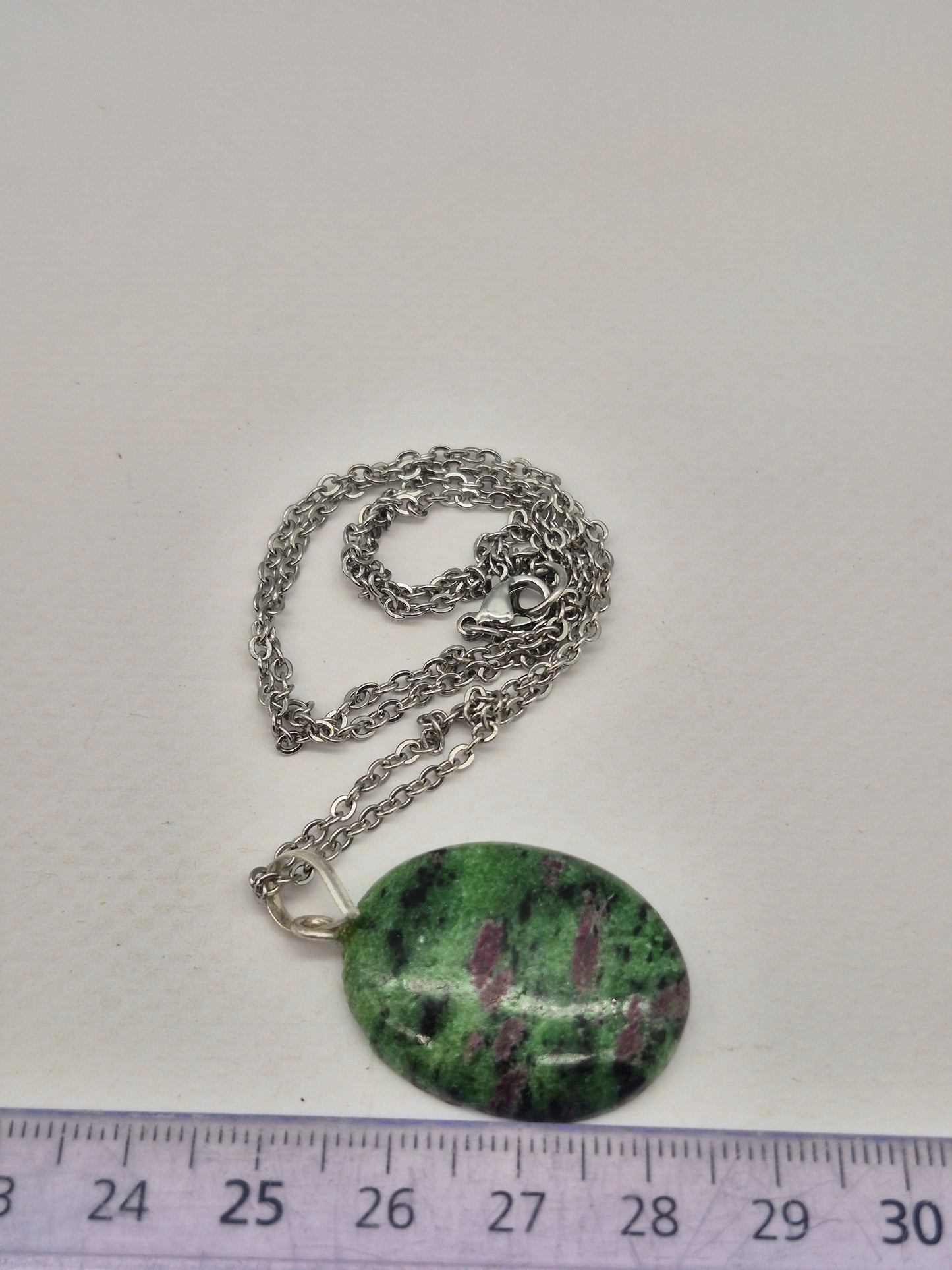 Ruby Zoisite Pendant Oval Shaped Silver Hoop, Stailnless steel Chain, Healing Crystal