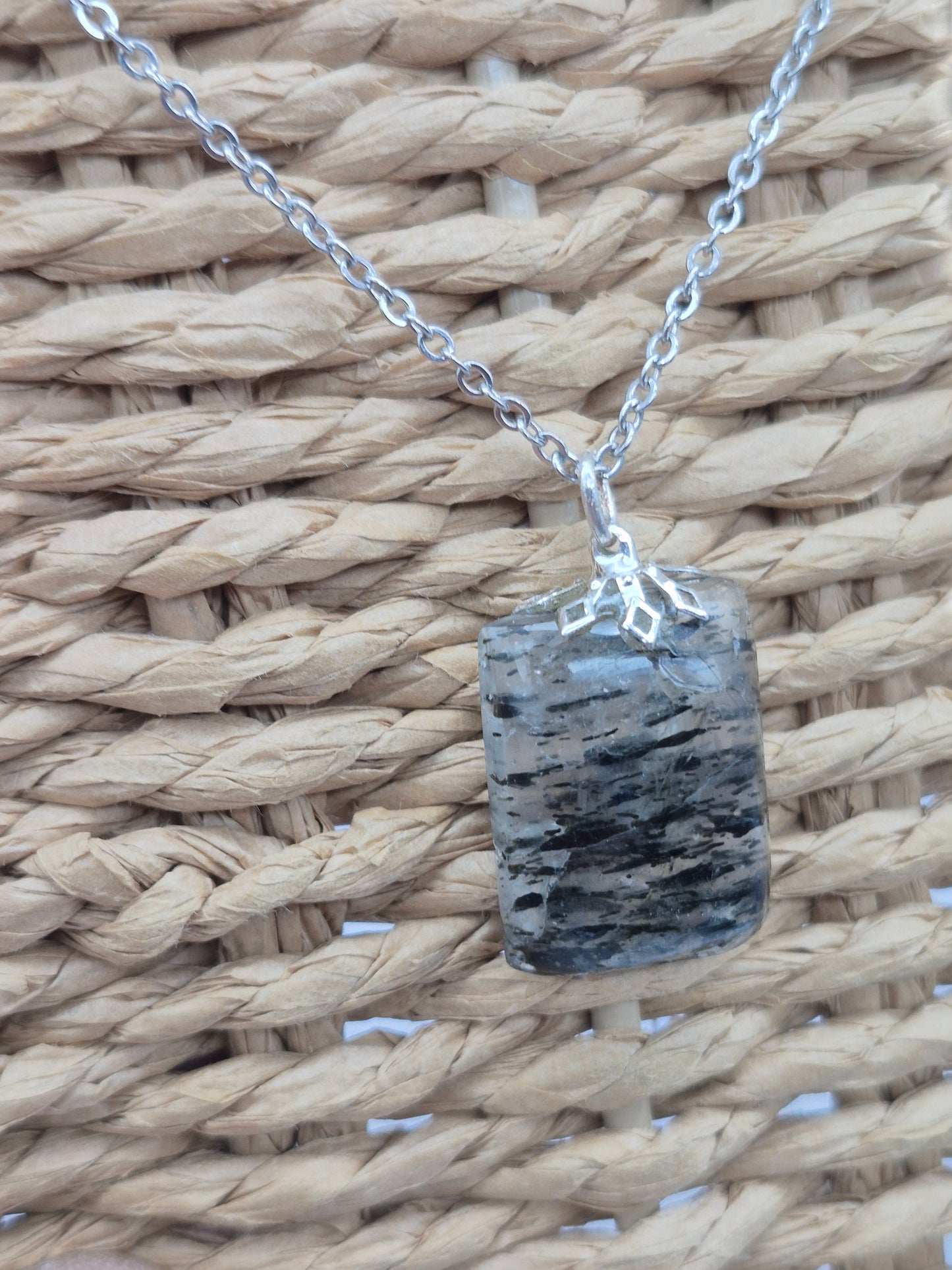 Quartz with Green Tourmaline Necklace  Protection & Cleansing Crystal Silver Hoop, Stailnless steel Chain