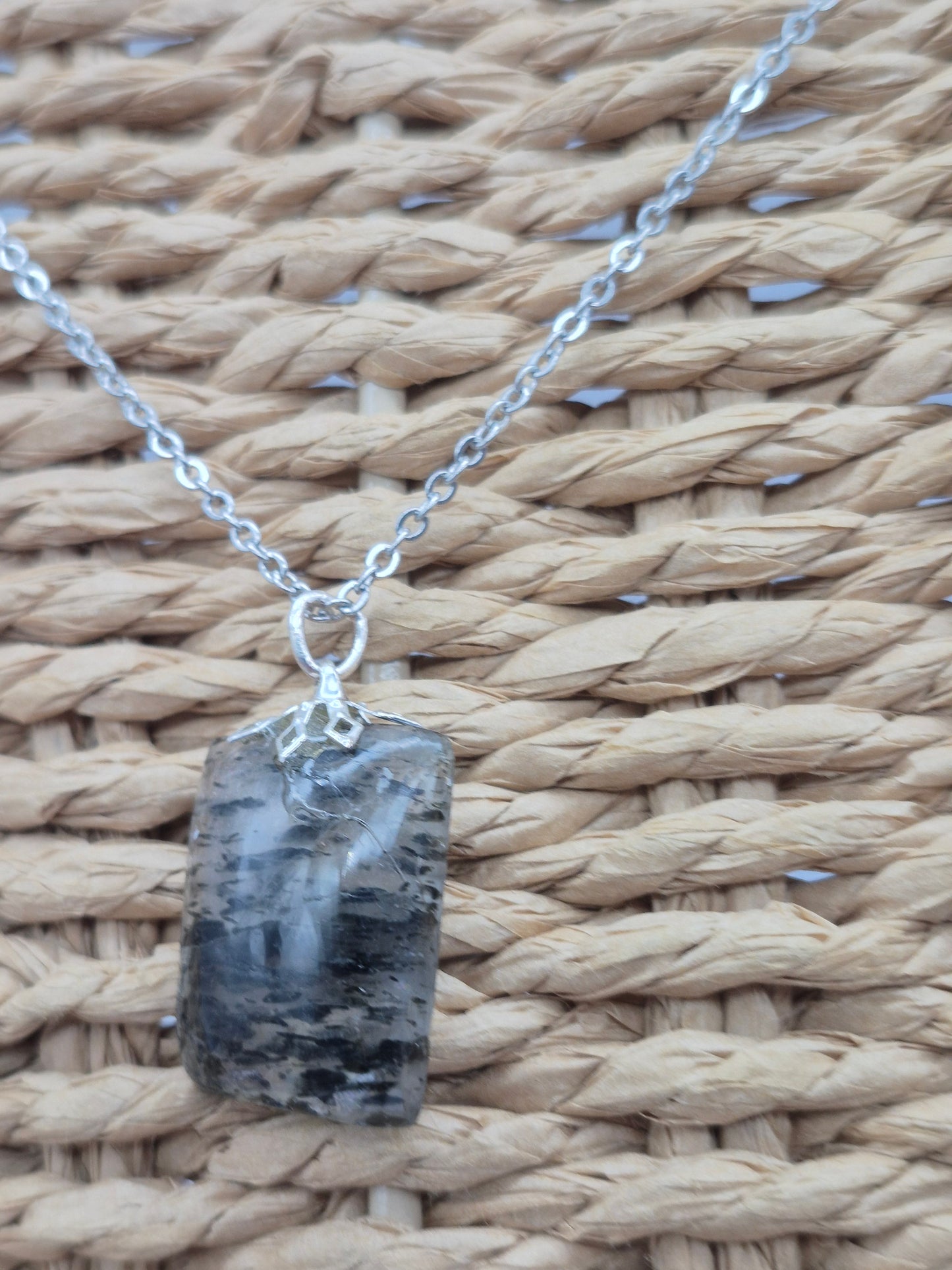 Quartz with Green Tourmaline Necklace  Protection & Cleansing Crystal Silver Hoop, Stailnless steel Chain