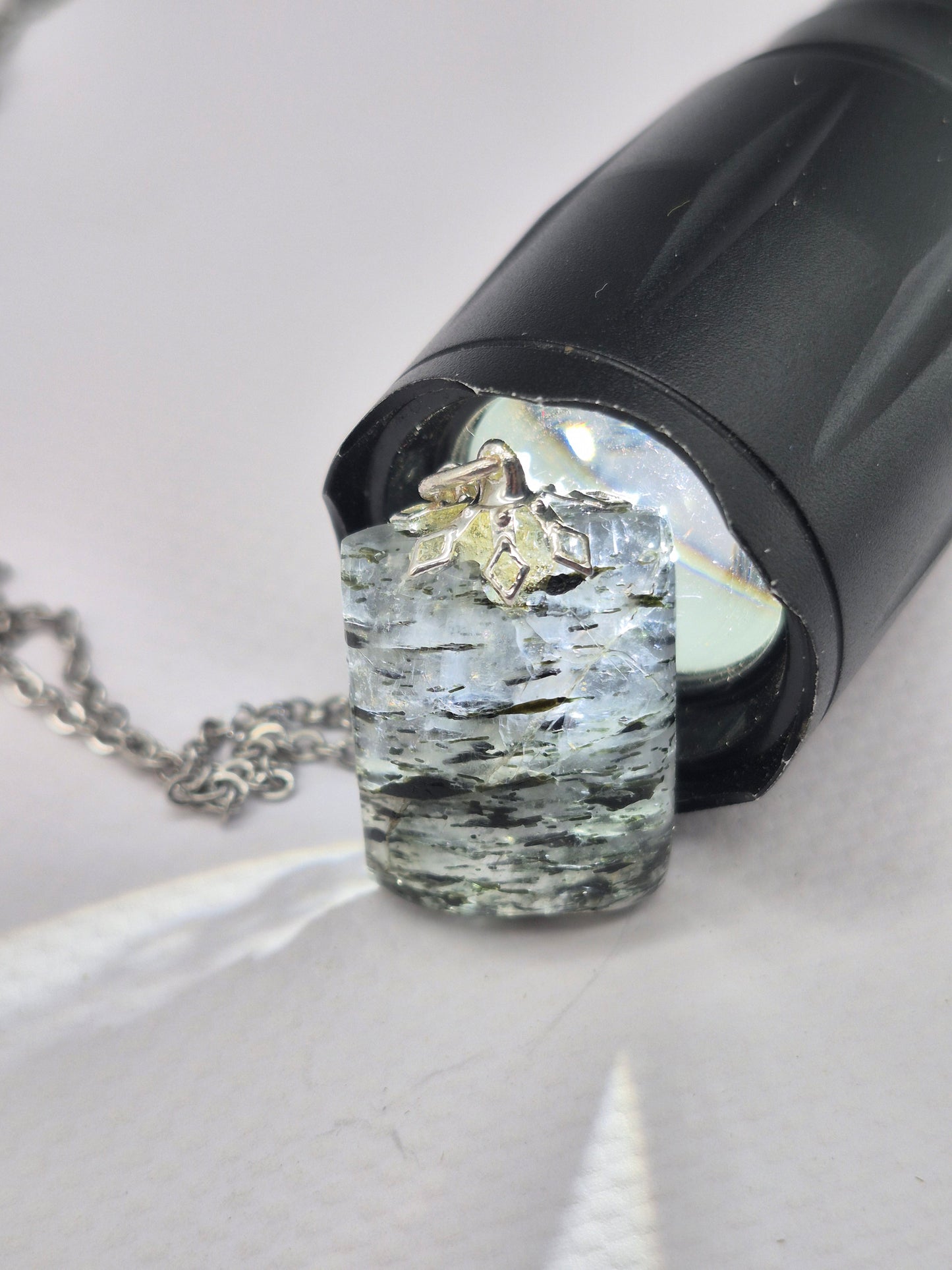 Quartz with Green Tourmaline Necklace  Protection & Cleansing Crystal Silver Hoop, Stailnless steel Chain