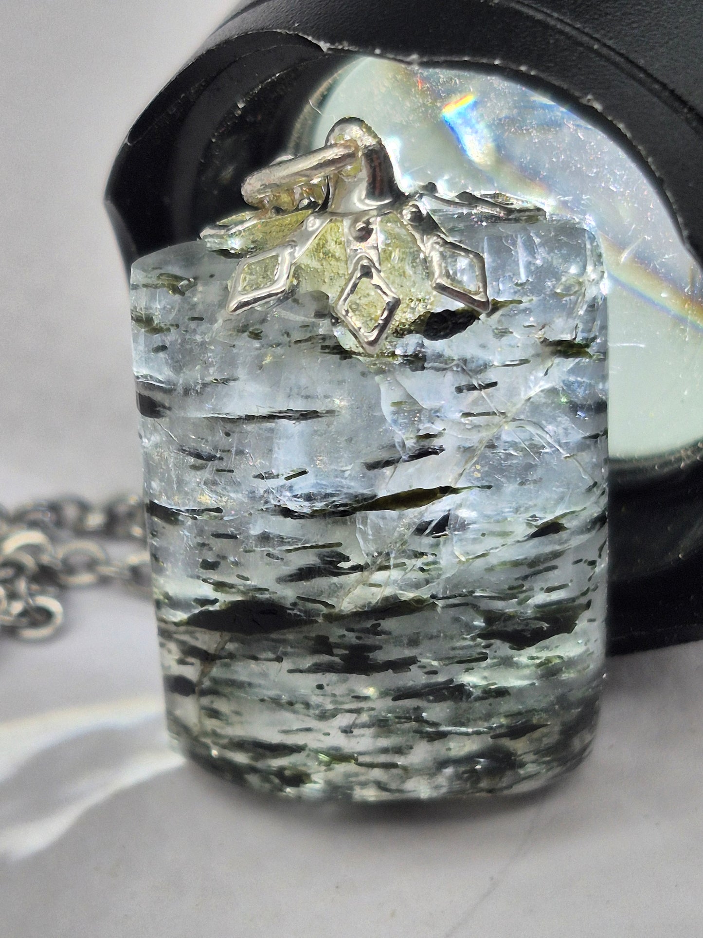 Quartz with Green Tourmaline Necklace  Protection & Cleansing Crystal Silver Hoop, Stailnless steel Chain