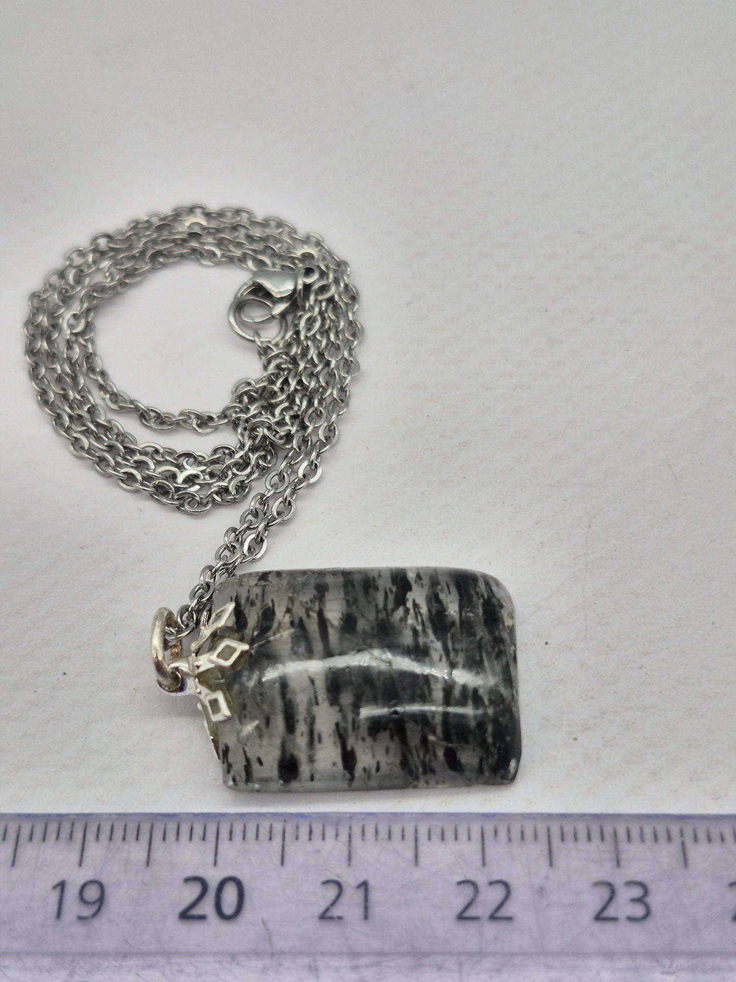 Quartz with Green Tourmaline Necklace  Protection & Cleansing Crystal Silver Hoop, Stailnless steel Chain