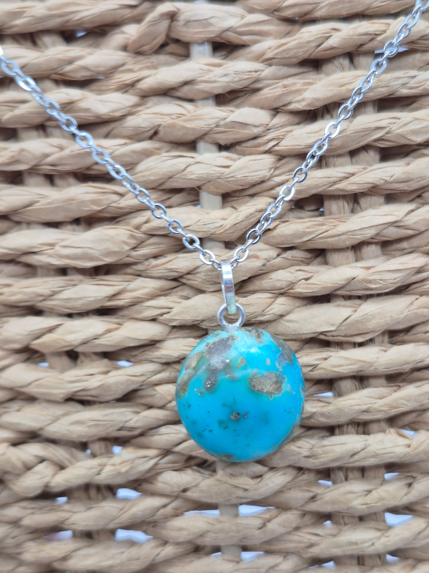 Authentic Natural Turquoise Oval Pendant: Stailnless steel Chain, Healing Crystal